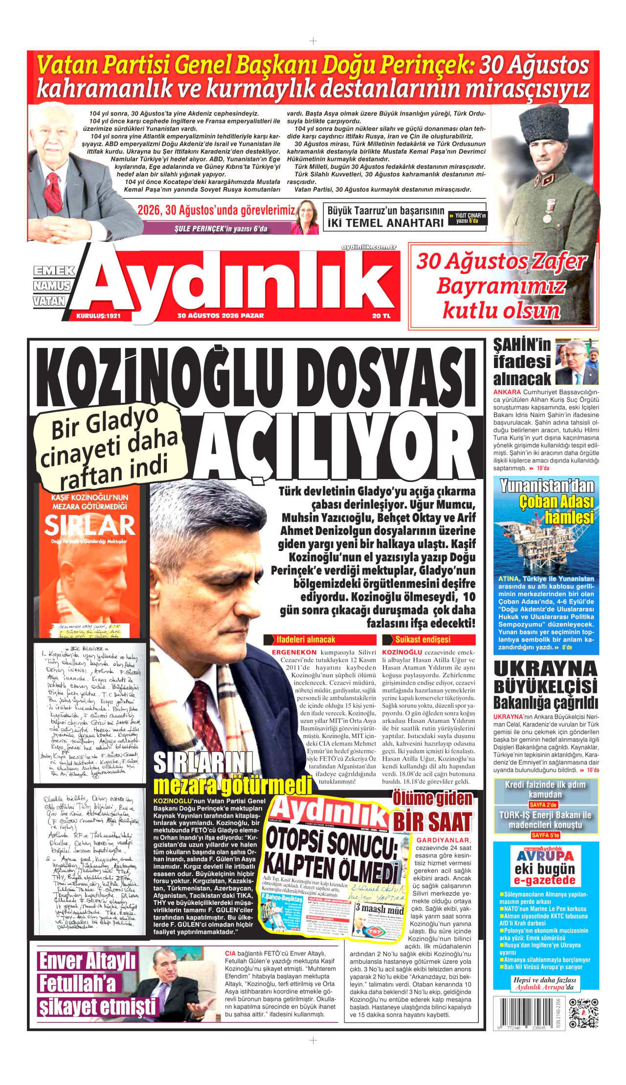 AYDINLIK GAZETESİ gazetesinin 30 Ağustos 2026 tarihli birinci sayfası