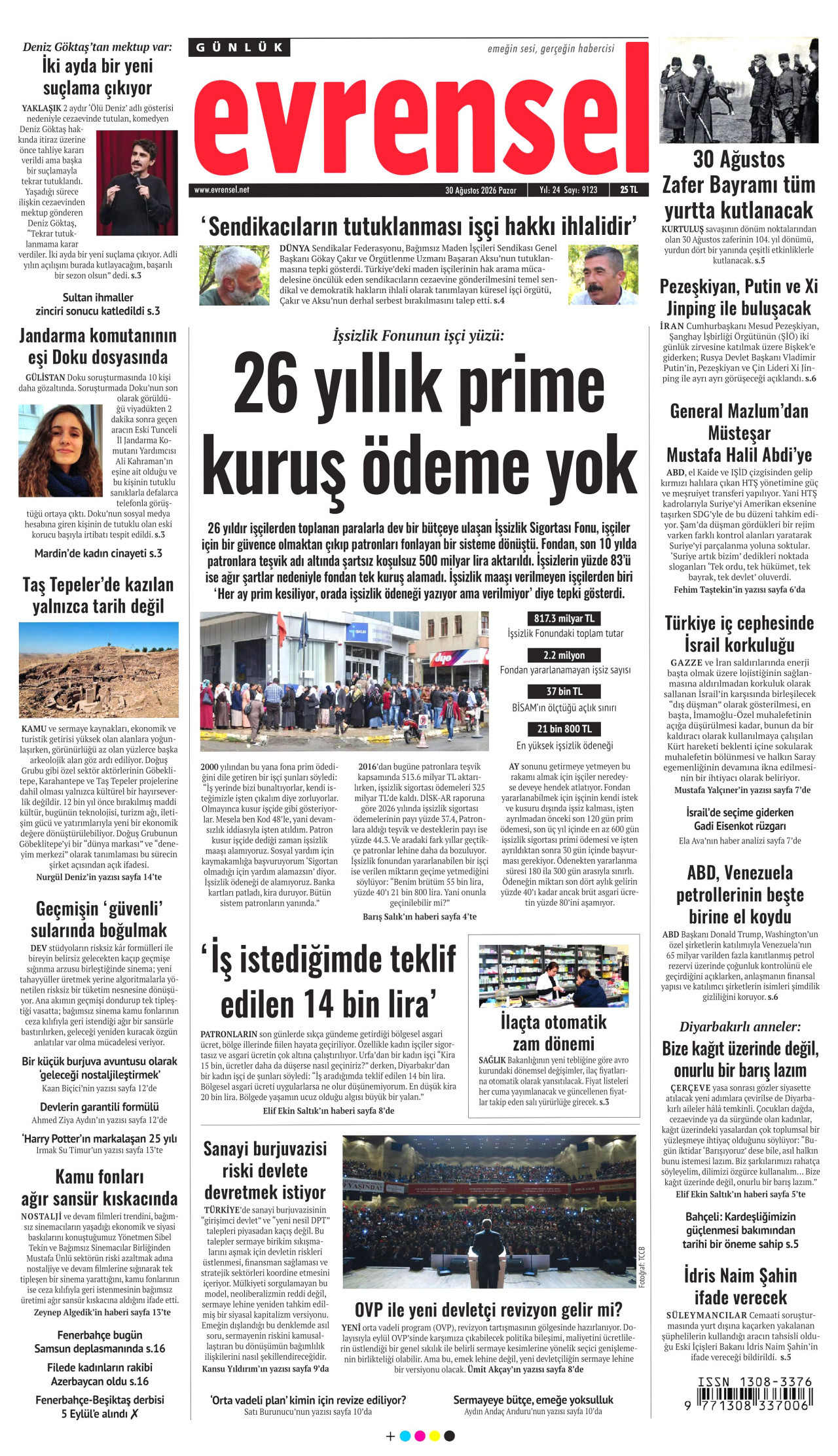 EVRENSEL gazetesinin 30 Ağustos 2026 tarihli birinci sayfası