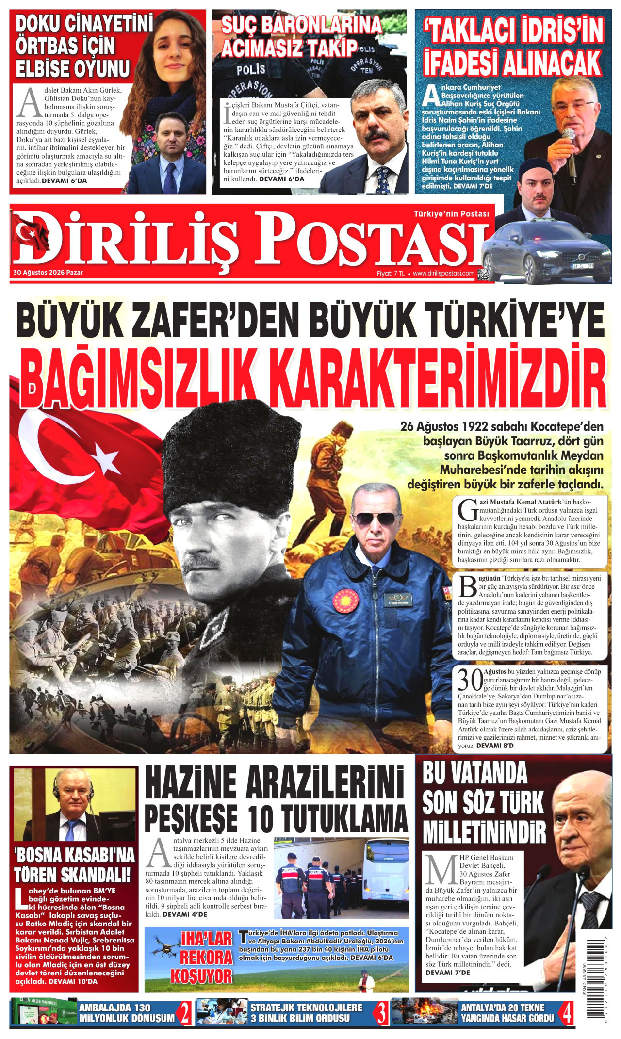 DİRİLİŞ POSTASI gazetesinin 30 Ağustos 2026 tarihli birinci sayfası