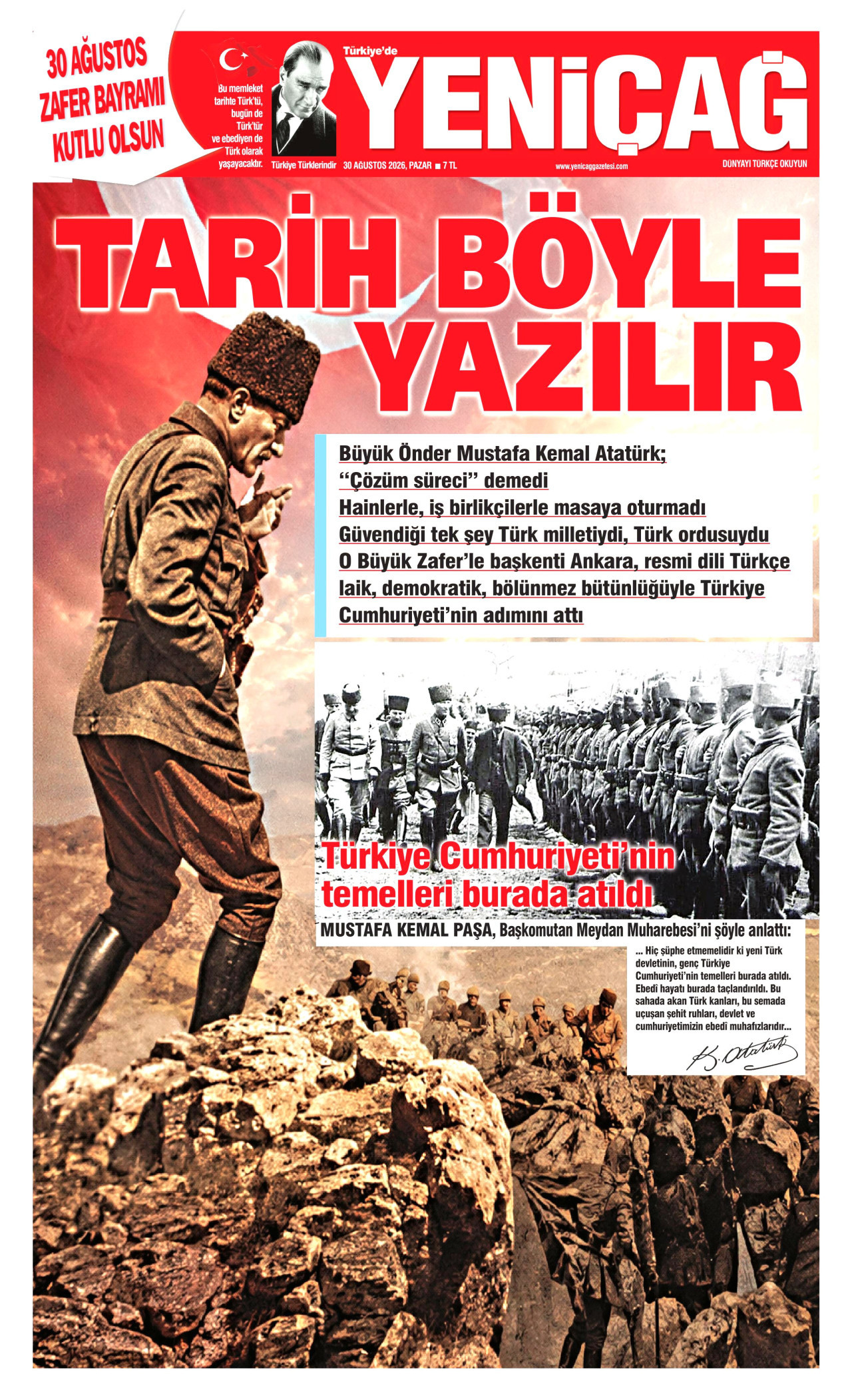 YENİÇAĞ gazetesinin 30 Ağustos 2026 tarihli birinci sayfası
