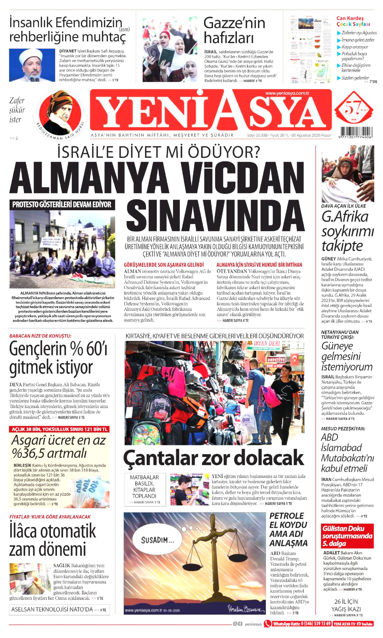 YENİ ASYA gazetesinin 30 Ağustos 2026 tarihli birinci sayfası