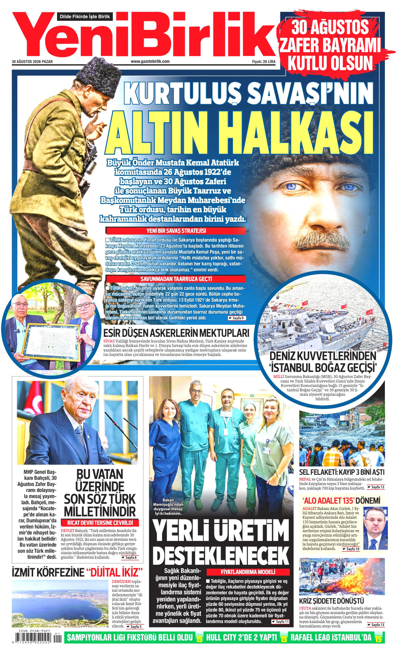 YENİBİRLİK gazetesinin 30 Ağustos 2026 tarihli birinci sayfası