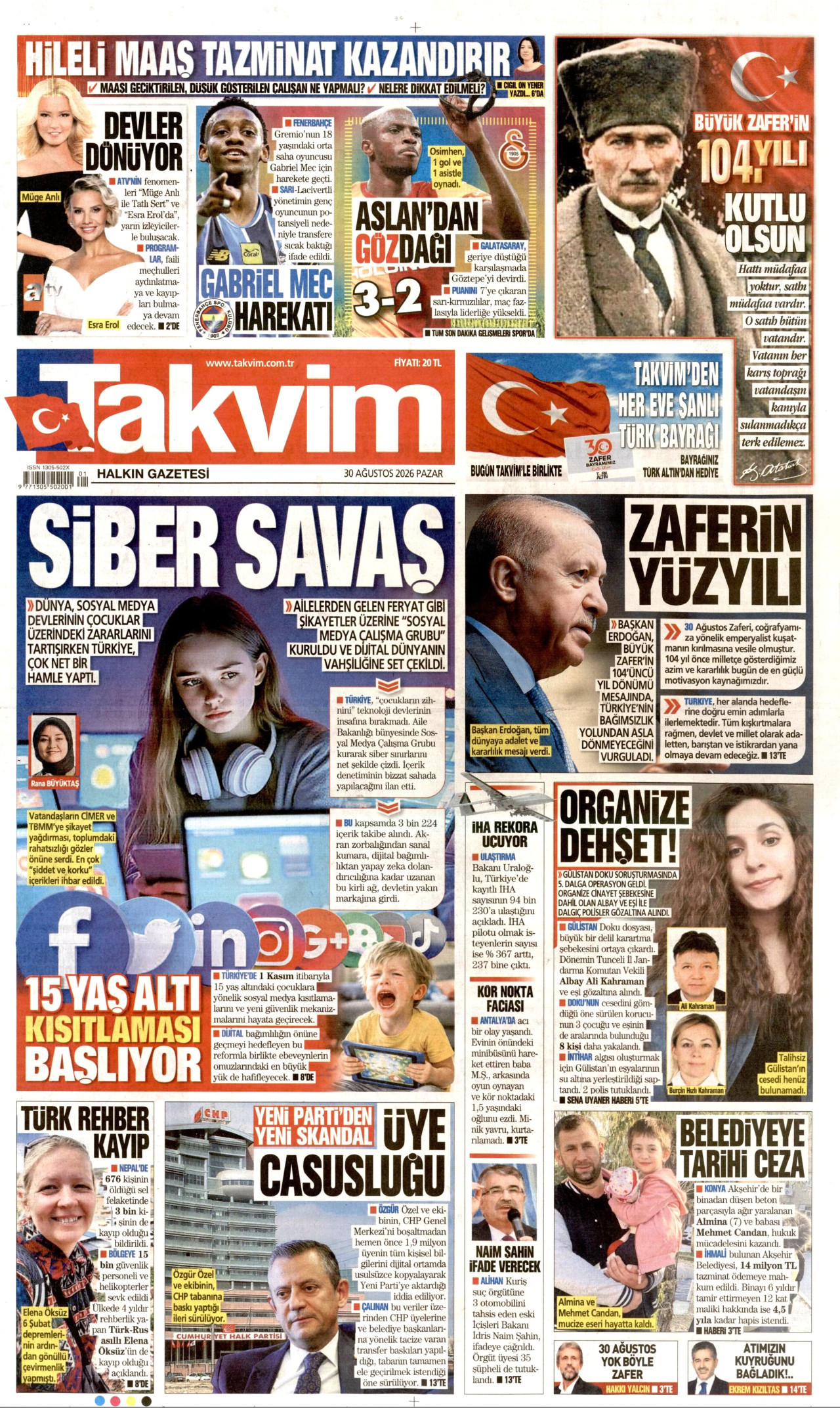 TAKVİM gazetesinin 30 Ağustos 2026 tarihli birinci sayfası
