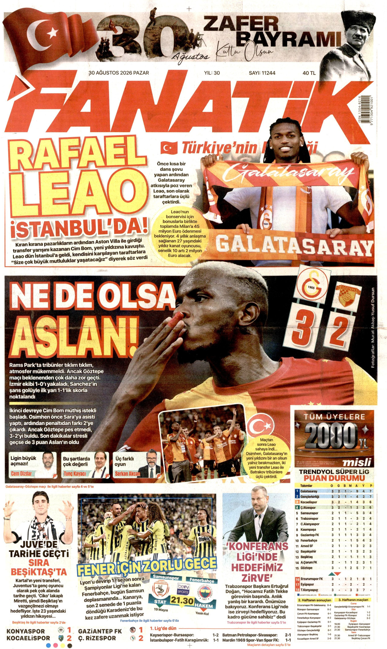 FANATİK gazetesinin 30 Ağustos 2026 tarihli birinci sayfası