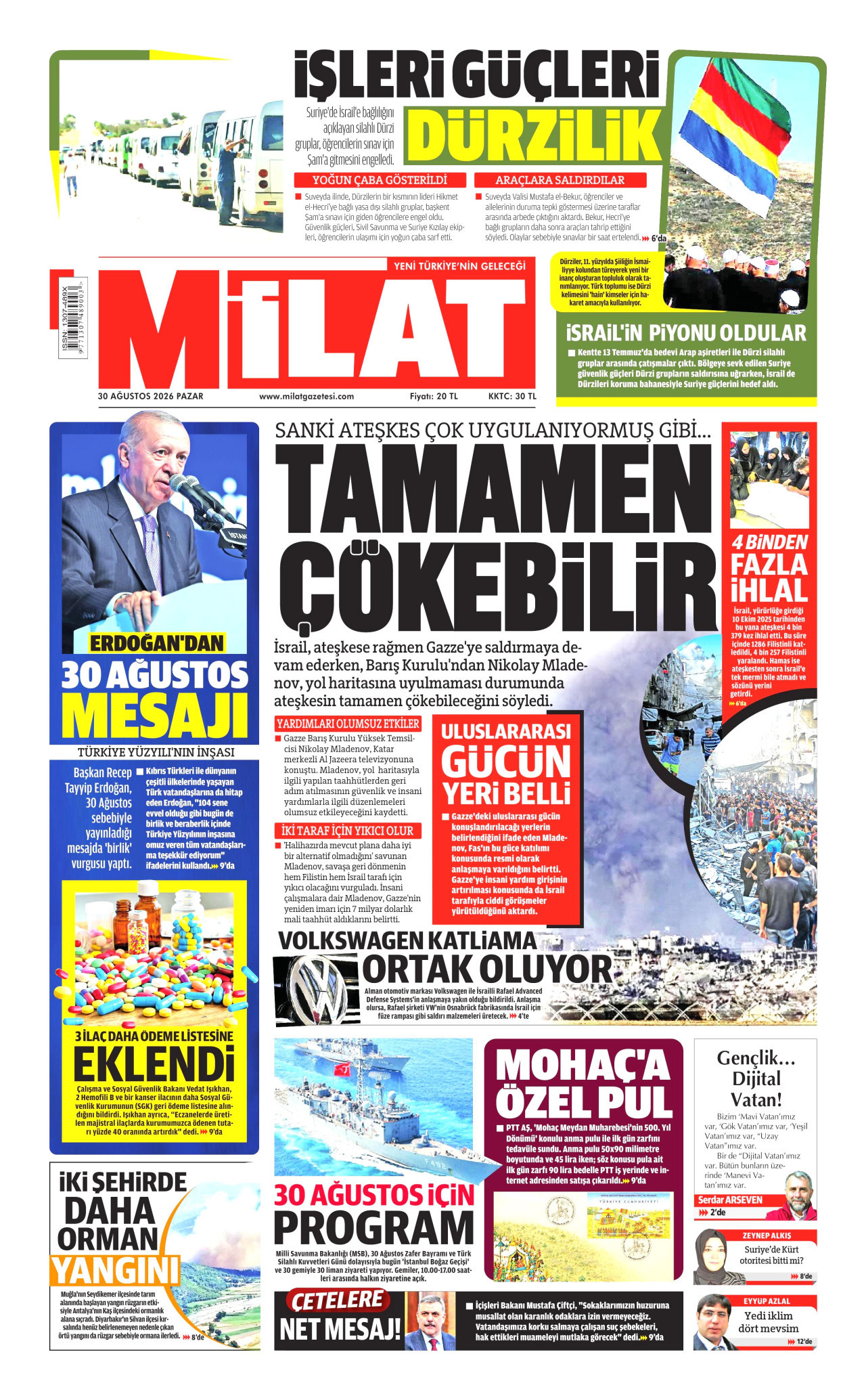 MİLAT gazetesinin 30 Ağustos 2026 tarihli birinci sayfası