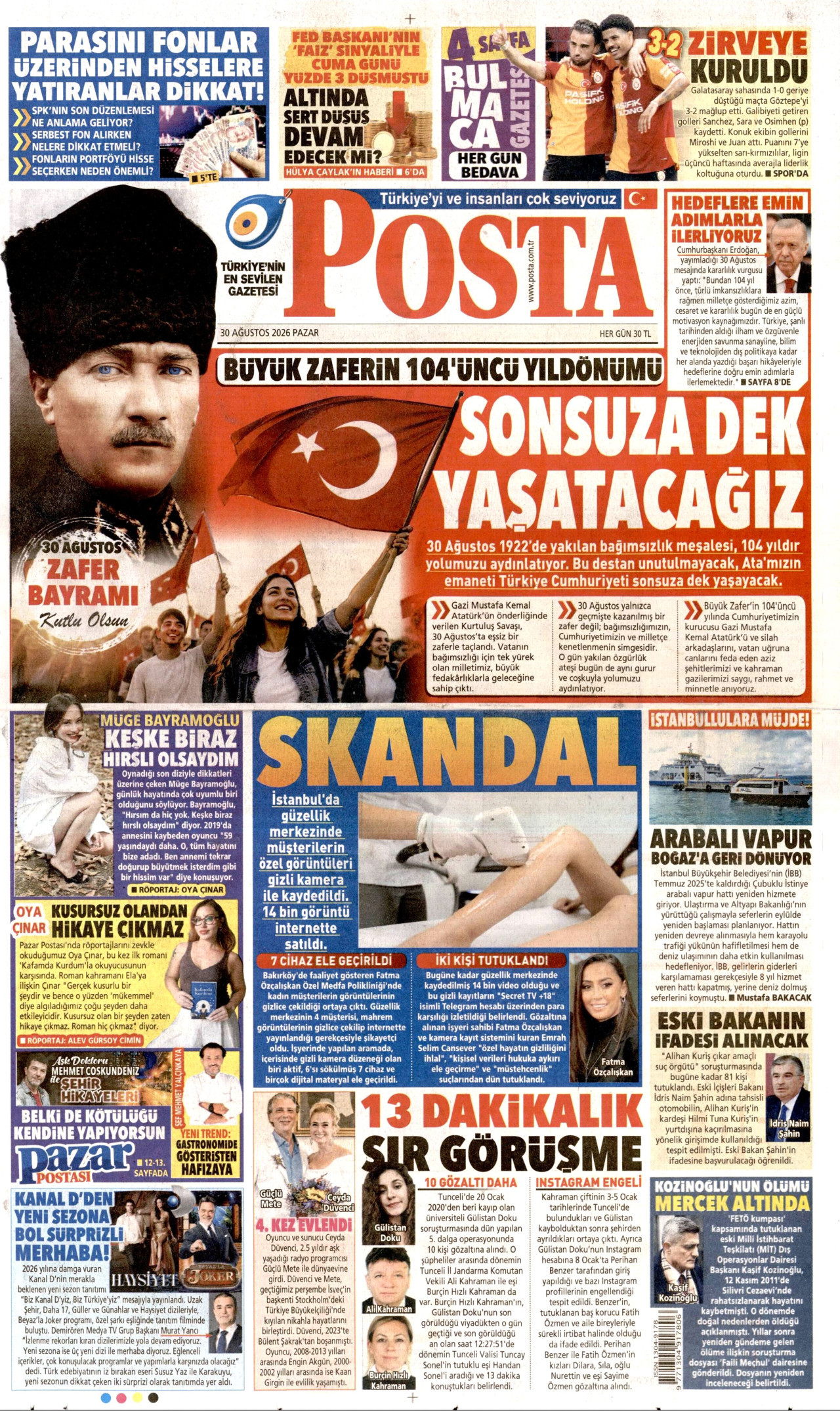 POSTA gazetesinin 30 Ağustos 2026 tarihli birinci sayfası