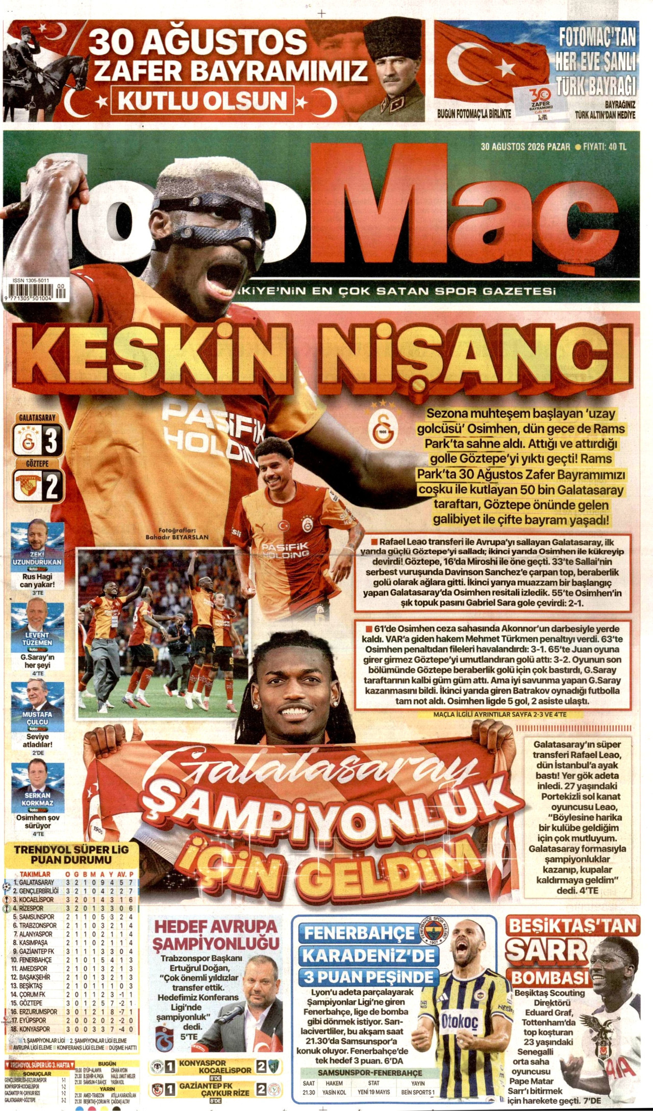 FOTOMAÇ gazetesinin 30 Ağustos 2026 tarihli birinci sayfası