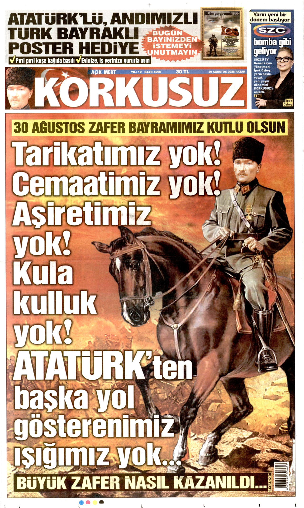KORKUSUZ gazetesinin 30 Ağustos 2026 tarihli birinci sayfası