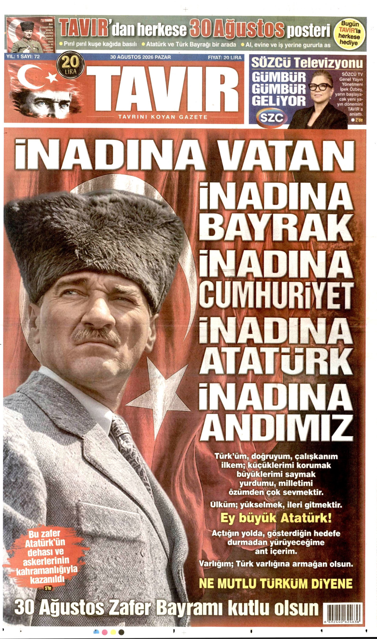 TAVIR GAZETESİ gazetesinin 30 Ağustos 2026 tarihli birinci sayfası