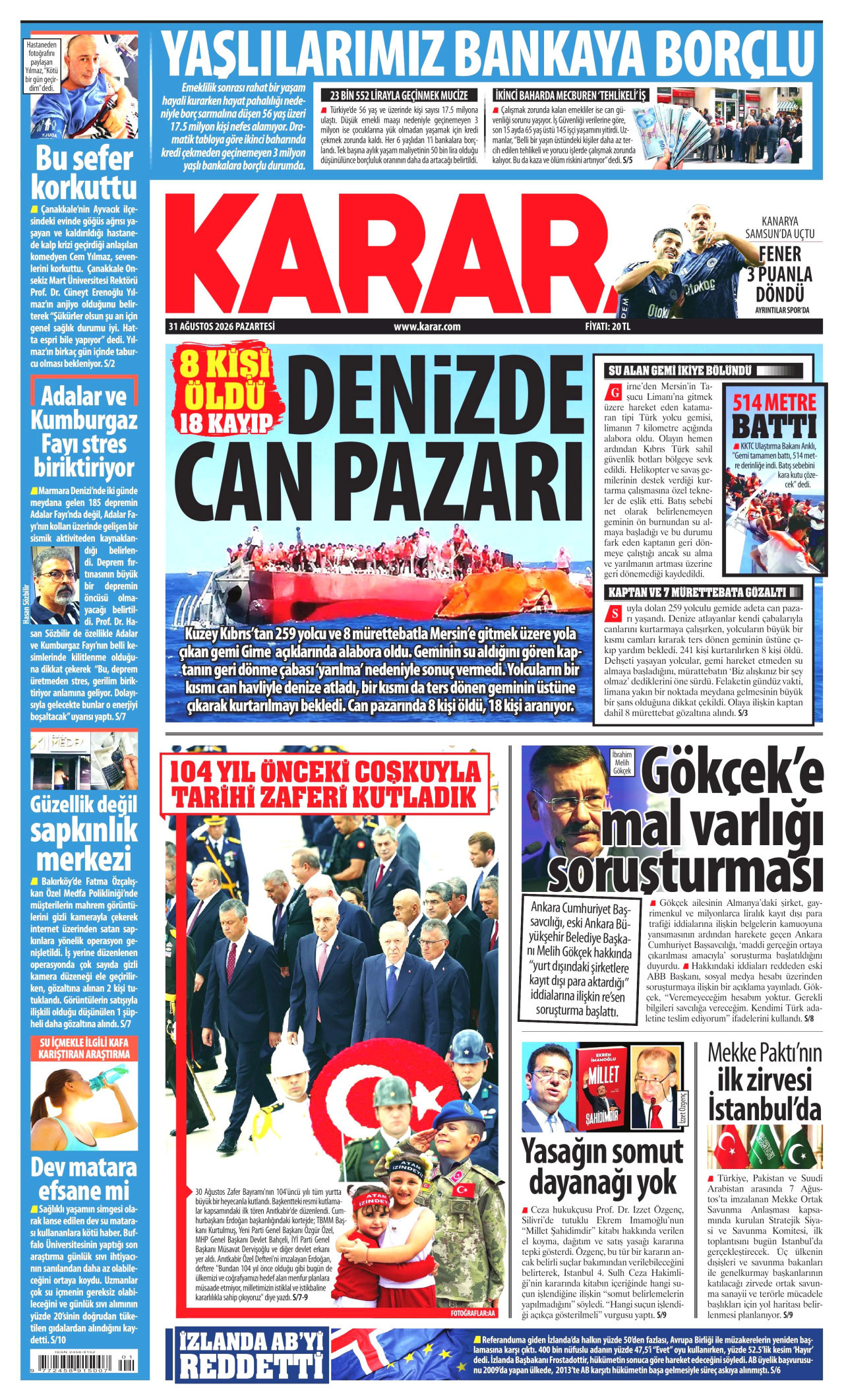 KARAR gazetesinin 31 Ağustos 2026 tarihli birinci sayfası