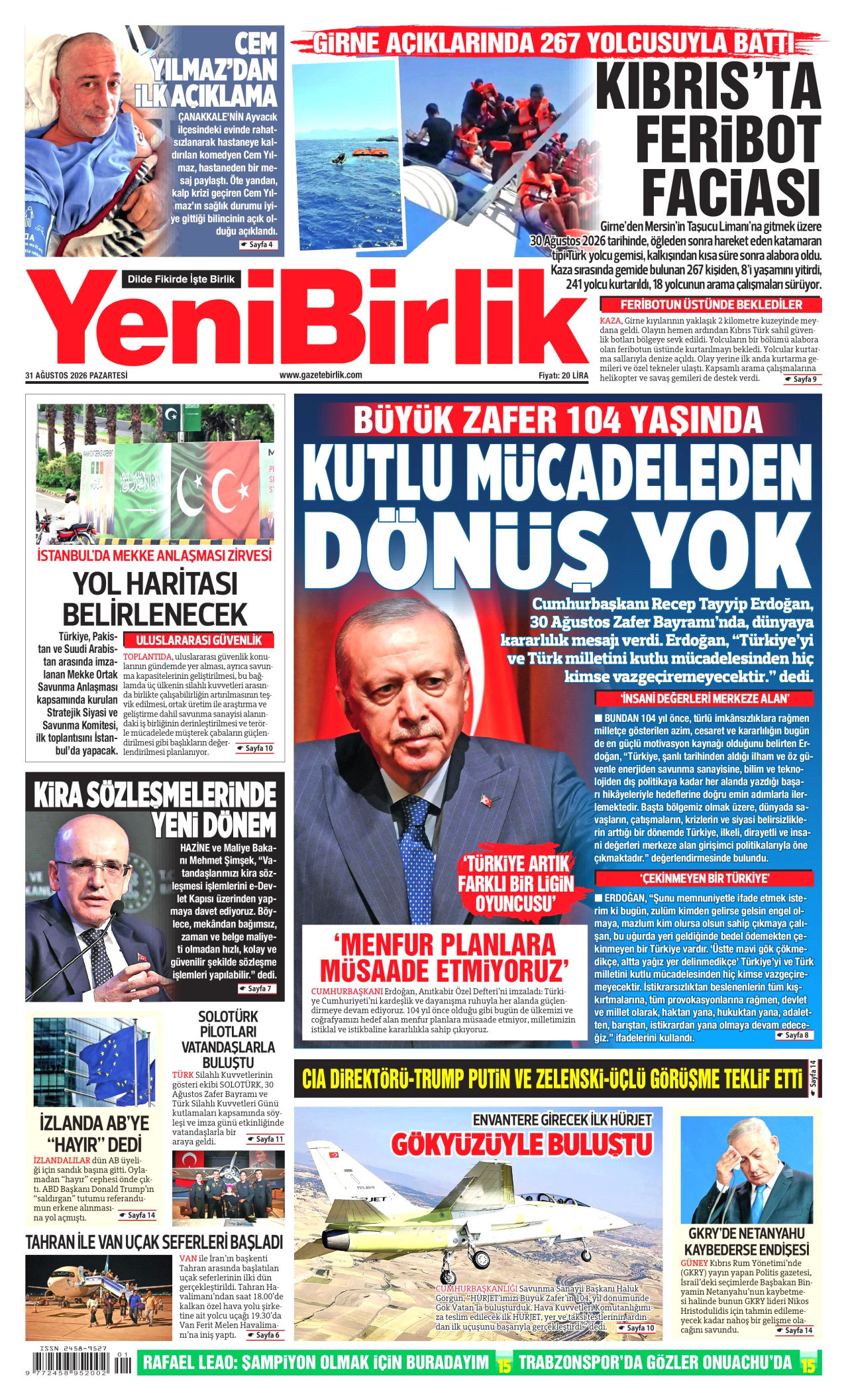 YENİBİRLİK gazetesinin 31 Ağustos 2026 tarihli birinci sayfası
