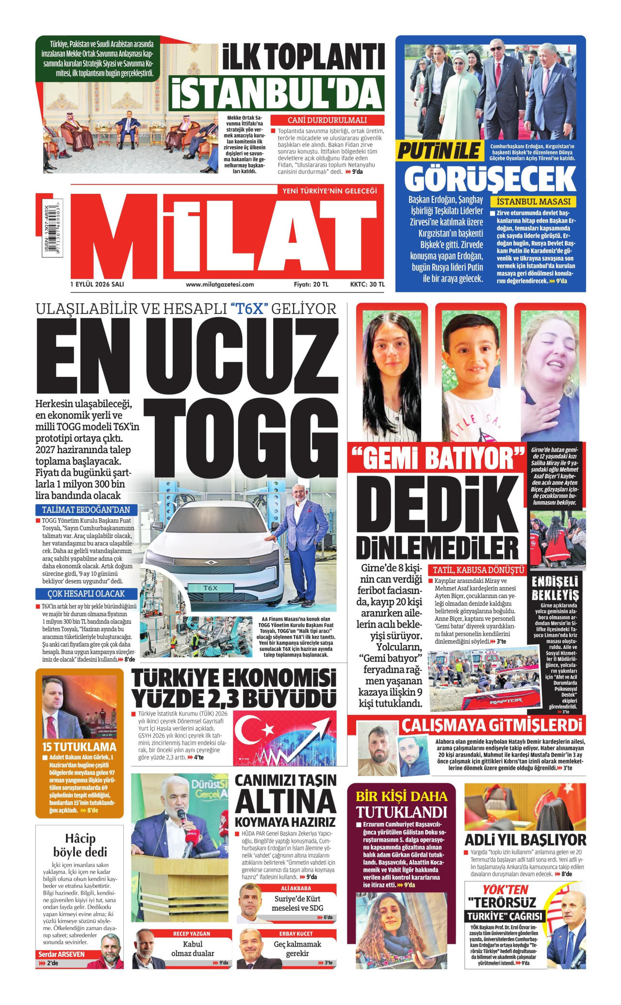 MİLAT gazetesinin 1 Eylül 2026 tarihli birinci sayfası
