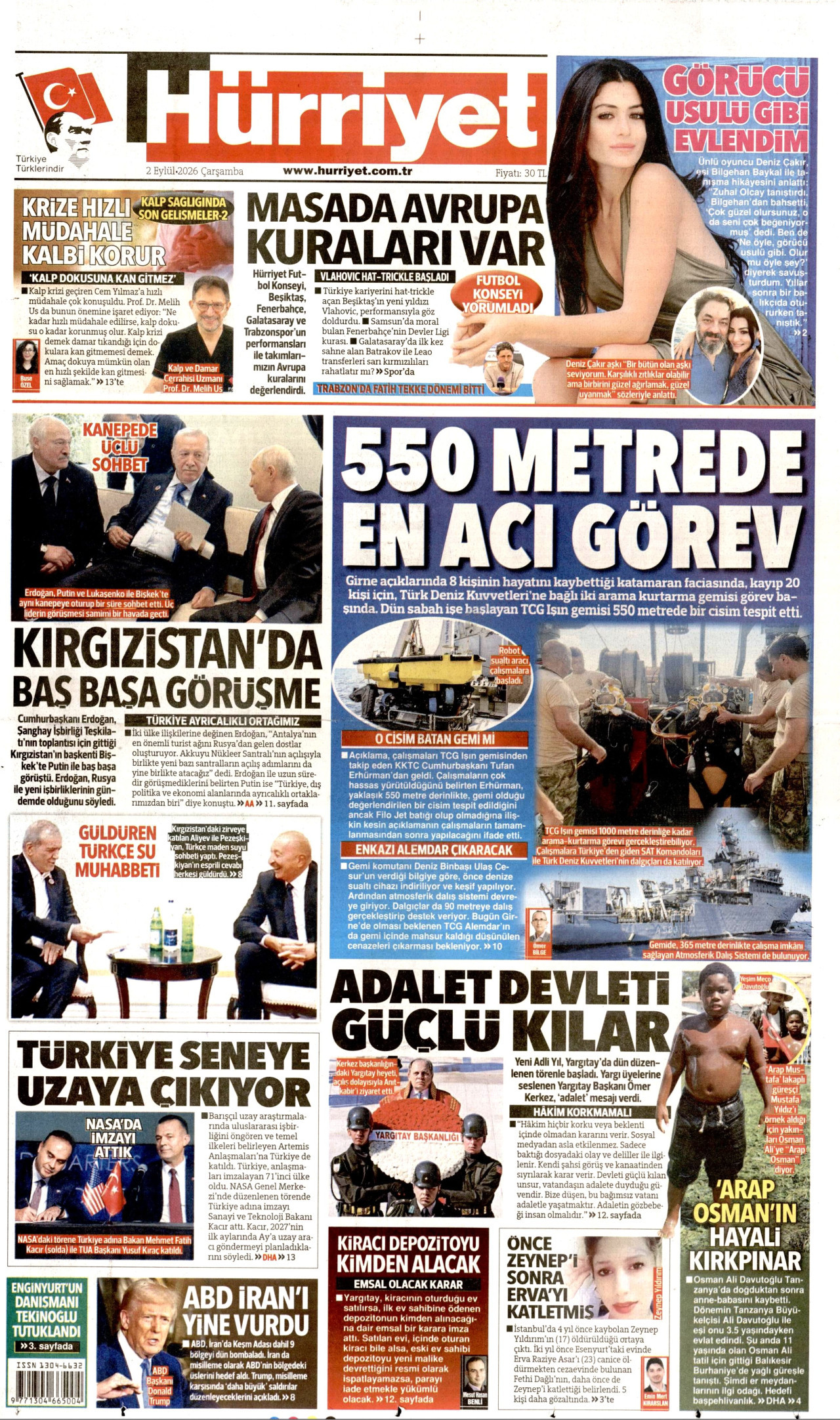 HÜRRİYET gazetesinin 2 Eylül 2026 tarihli birinci sayfası