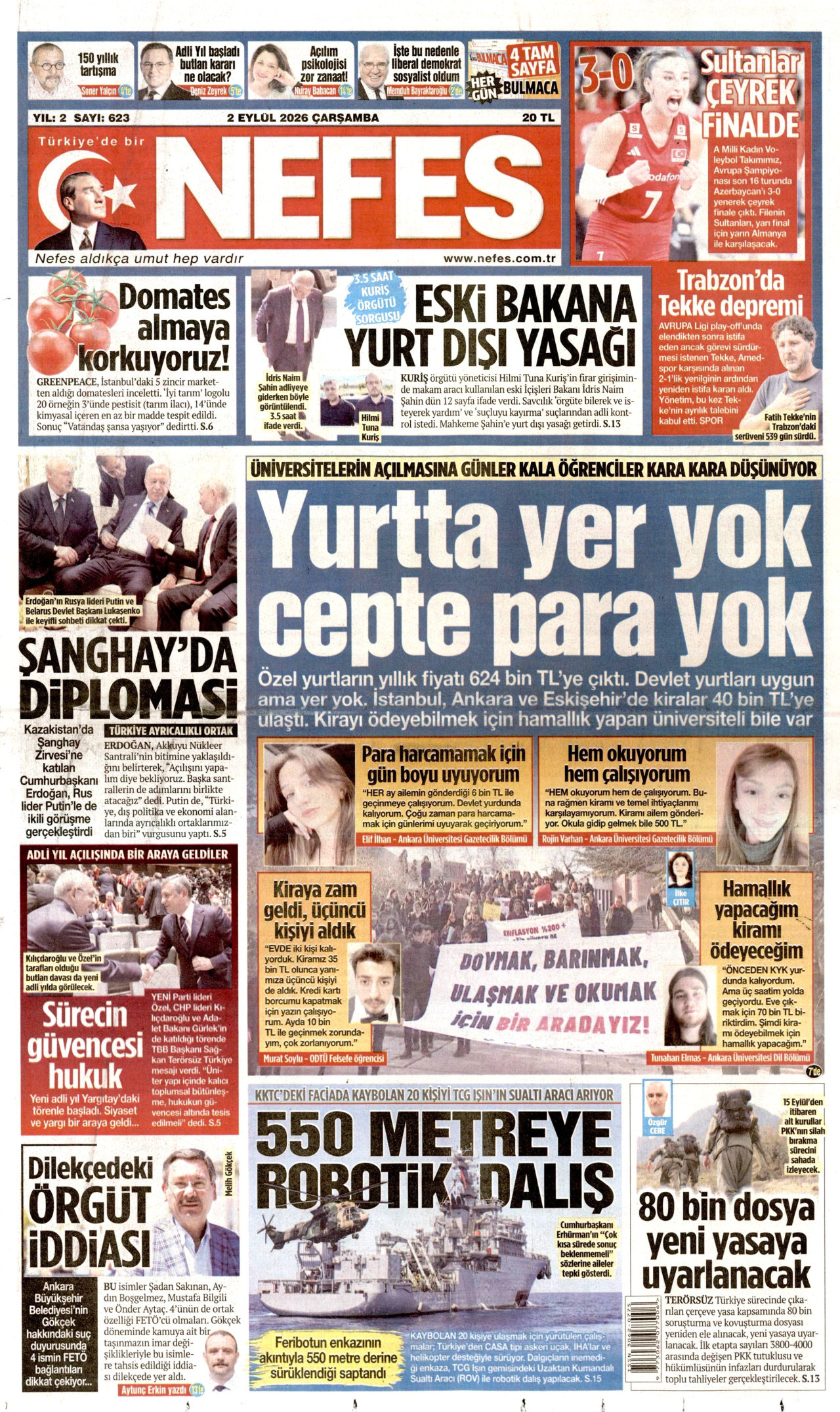 NEFES gazetesinin 2 Eylül 2026 tarihli birinci sayfası