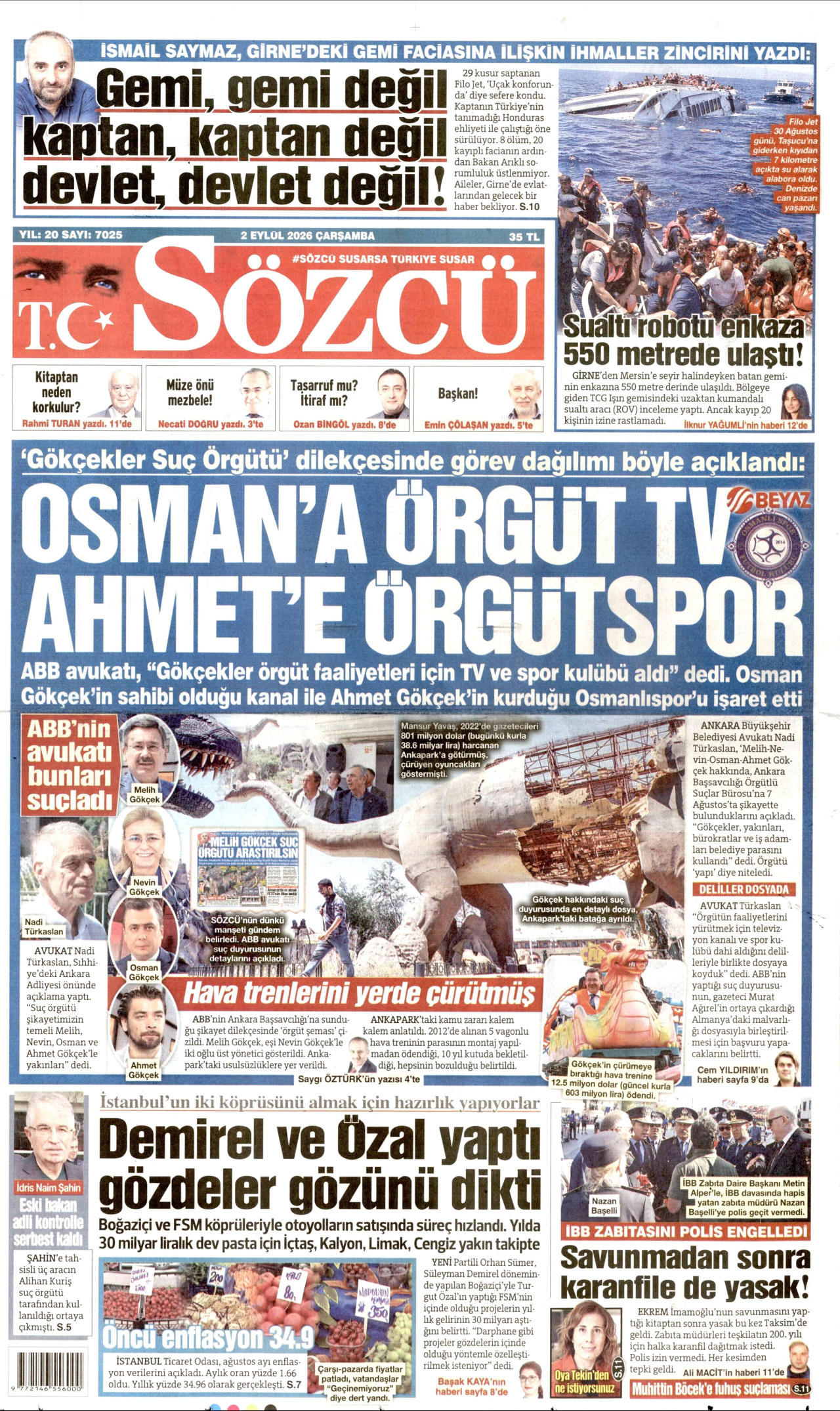 SÖZCÜ gazetesinin 2 Eylül 2026 tarihli birinci sayfası