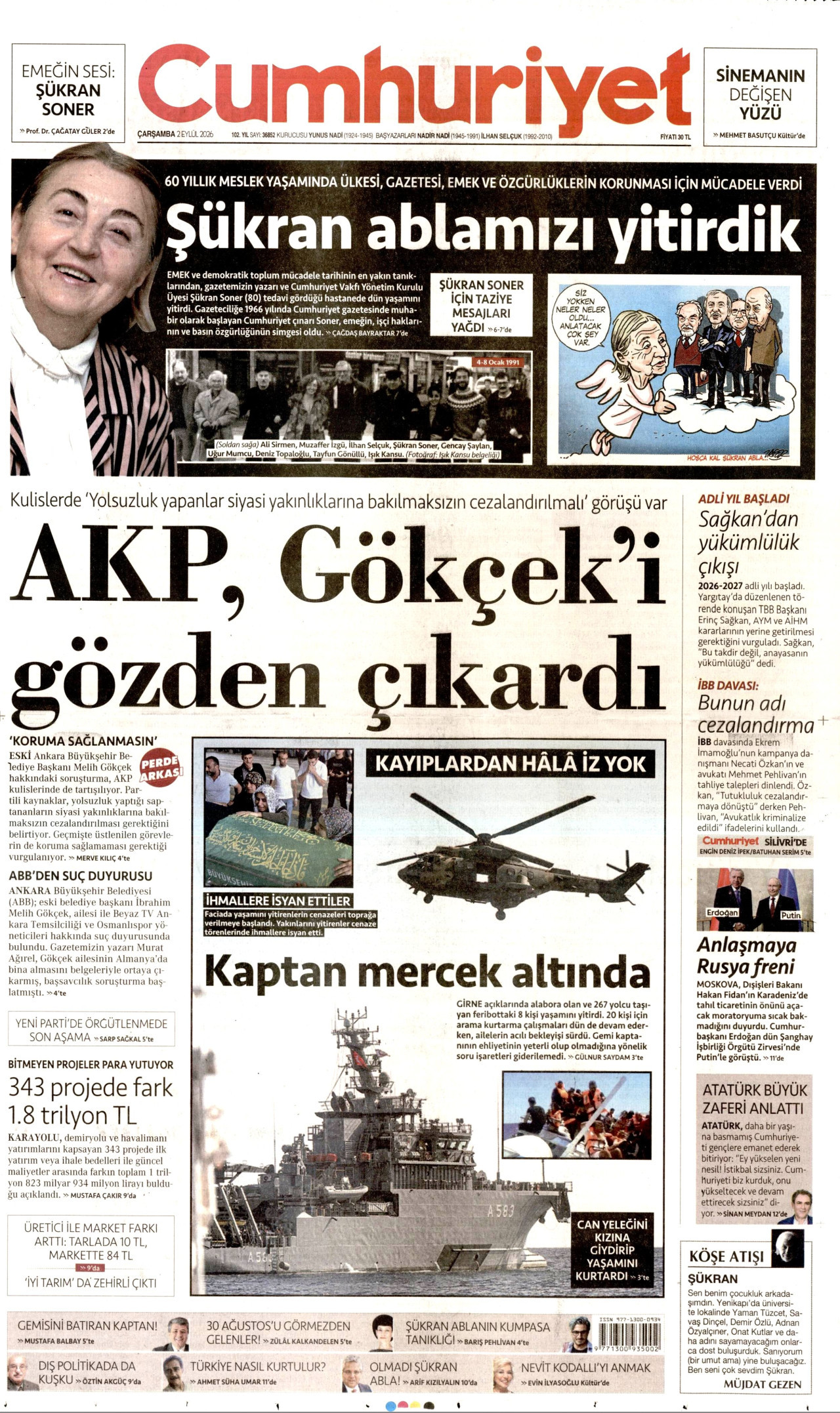 CUMHURİYET gazetesinin 2 Eylül 2026 tarihli birinci sayfası