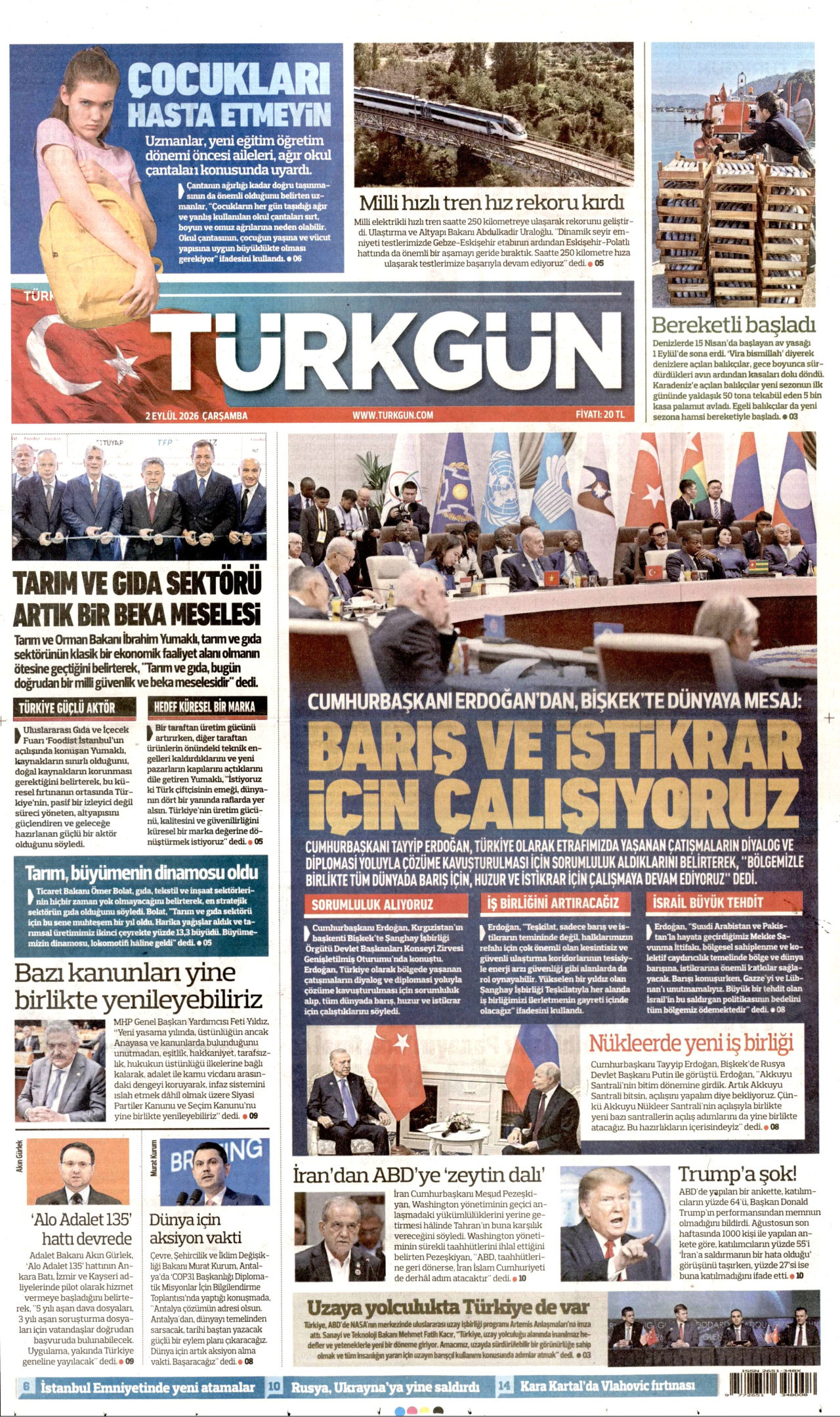 TÜRKGÜN gazetesinin 2 Eylül 2026 tarihli birinci sayfası