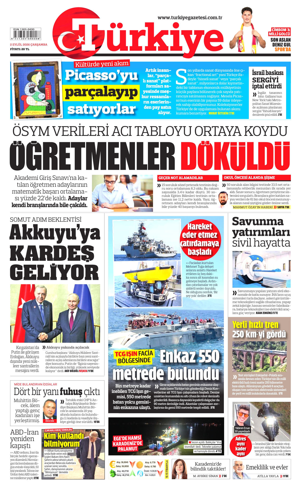 TÜRKİYE GAZETESİ gazetesinin 2 Eylül 2026 tarihli birinci sayfası