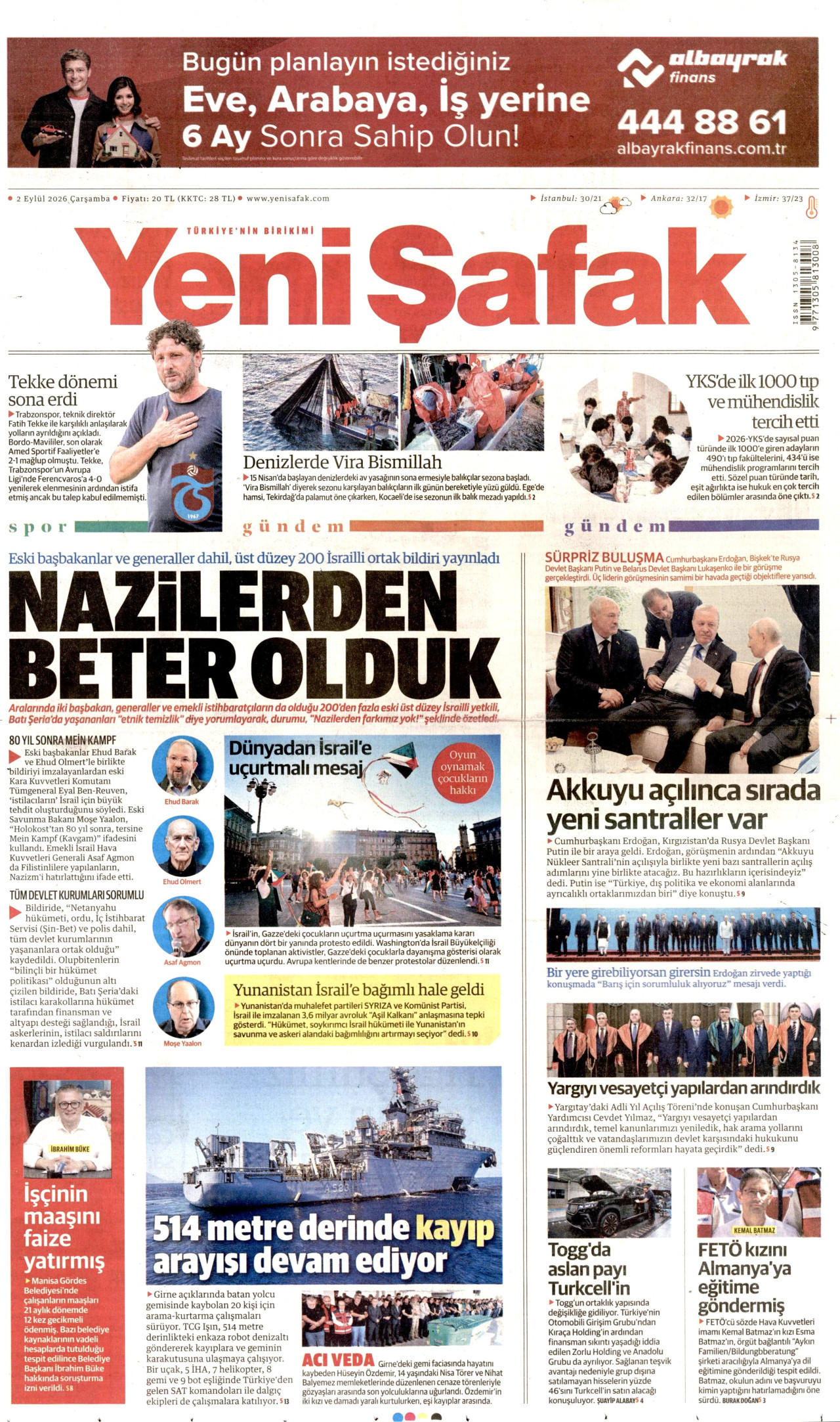 YENİ ŞAFAK gazetesinin 2 Eylül 2026 tarihli birinci sayfası