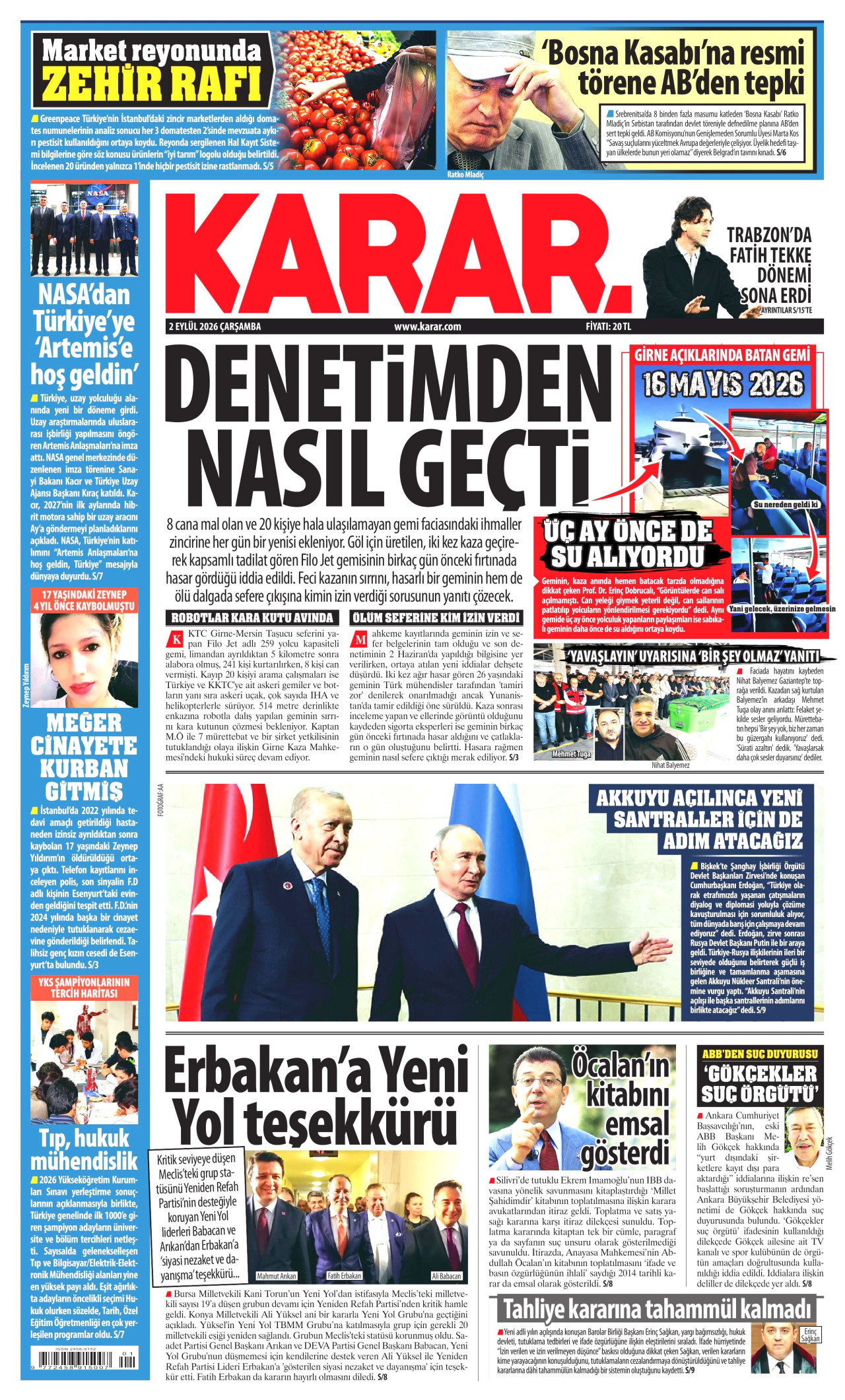 KARAR gazetesinin 2 Eylül 2026 tarihli birinci sayfası