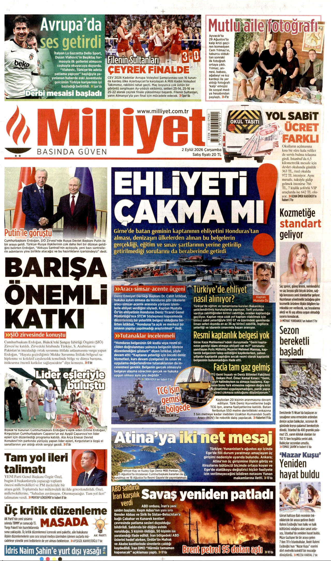 MİLLİYET gazetesinin 2 Eylül 2026 tarihli birinci sayfası