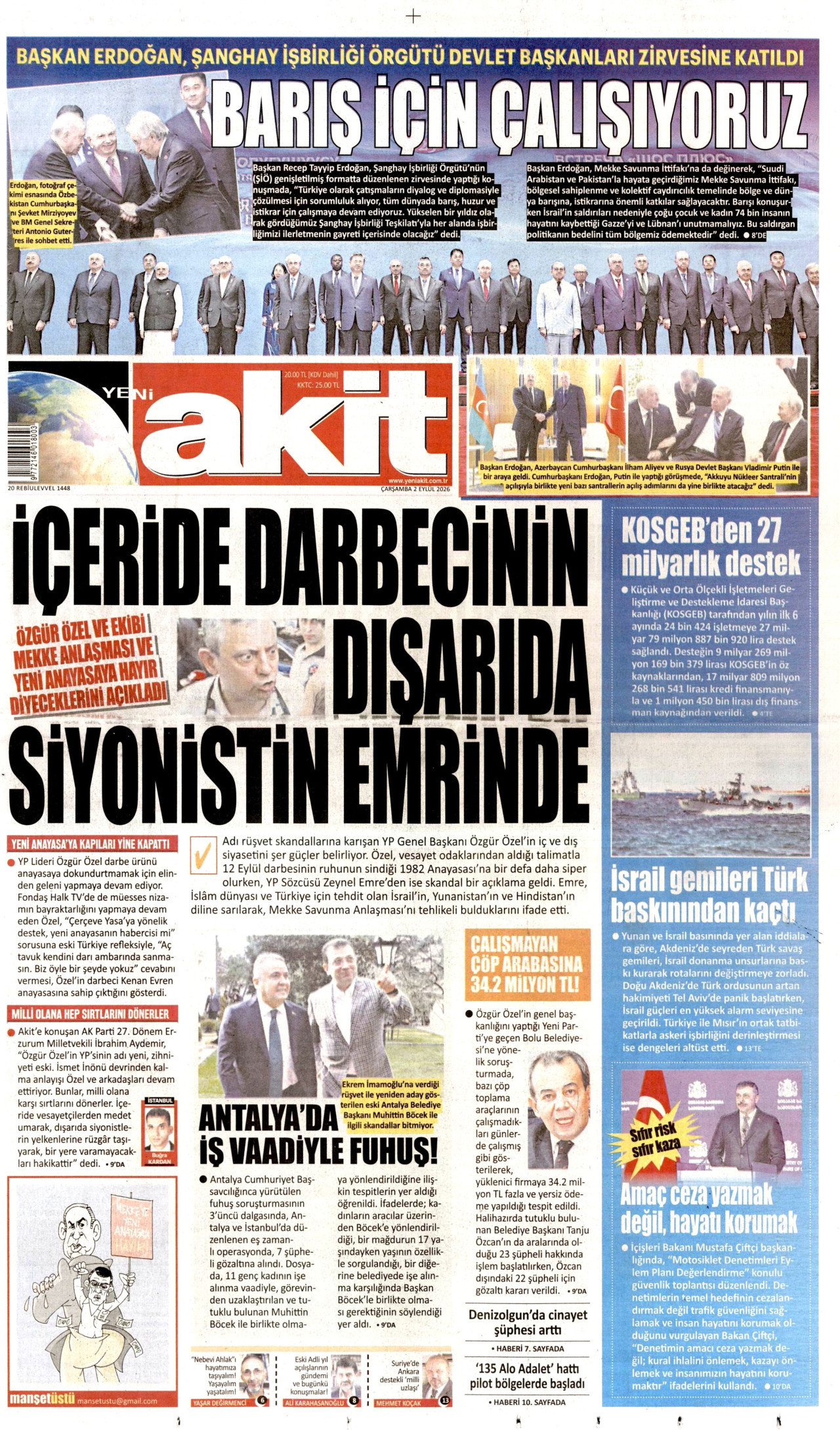 YENİ AKİT gazetesinin 2 Eylül 2026 tarihli birinci sayfası