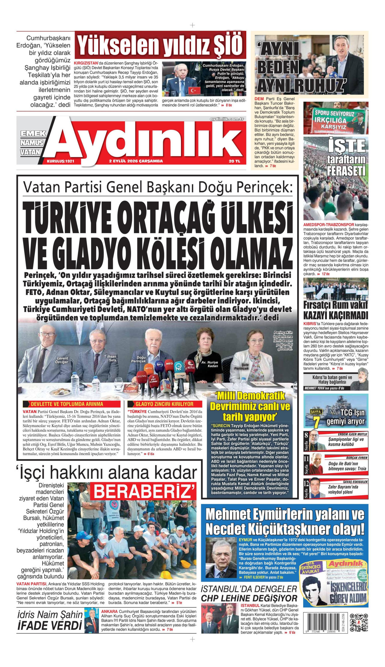 AYDINLIK GAZETESİ gazetesinin 2 Eylül 2026 tarihli birinci sayfası