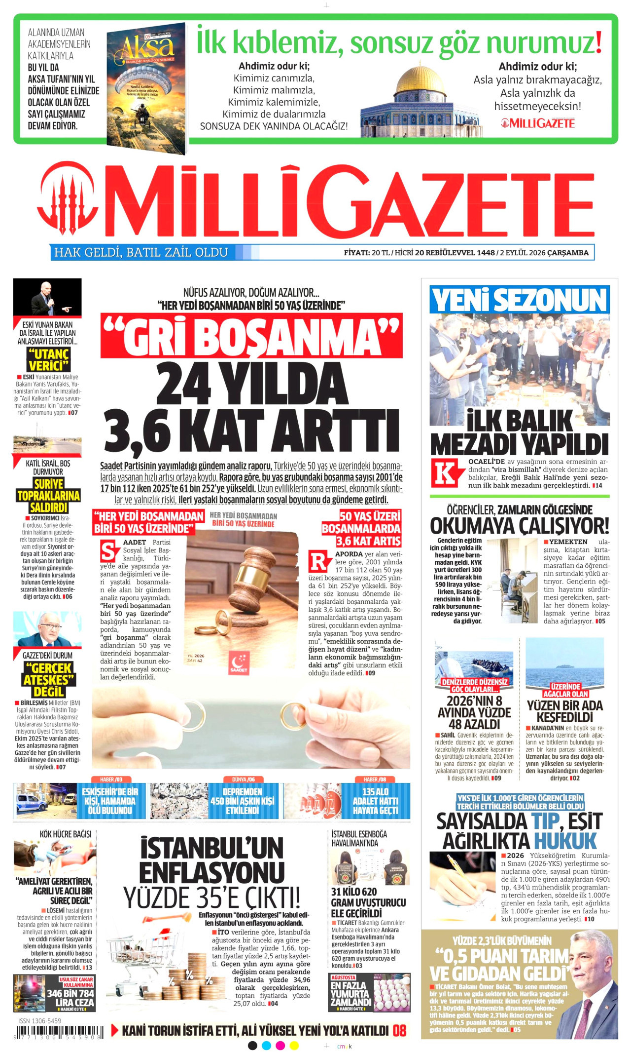 MİLLİ GAZETE gazetesinin 2 Eylül 2026 tarihli birinci sayfası