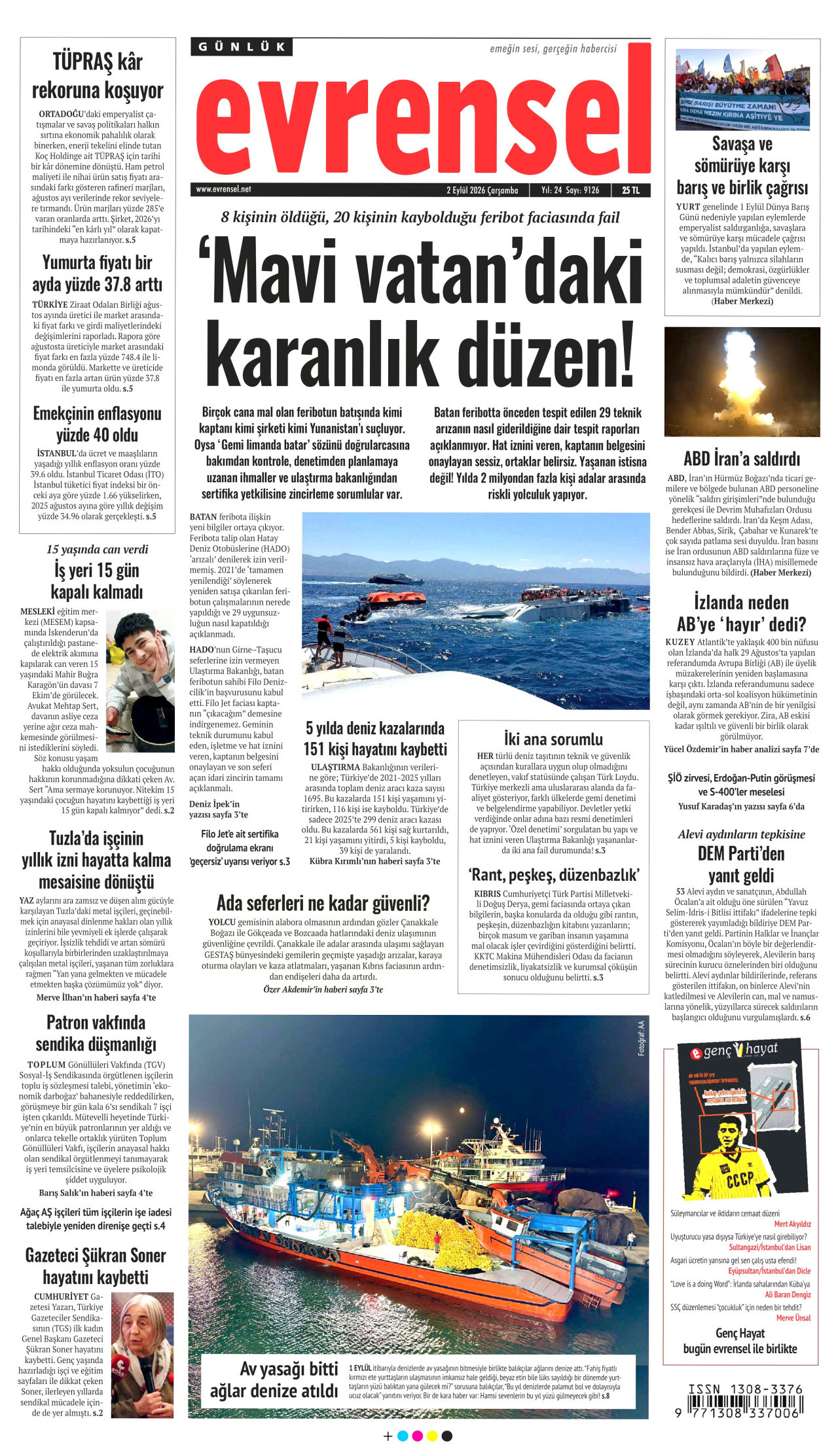 EVRENSEL gazetesinin 2 Eylül 2026 tarihli birinci sayfası