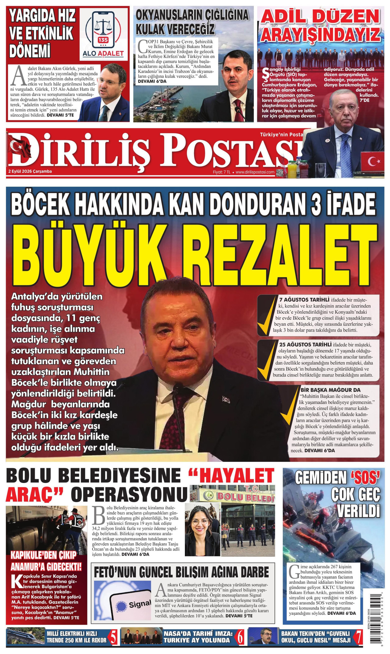 DİRİLİŞ POSTASI gazetesinin 2 Eylül 2026 tarihli birinci sayfası
