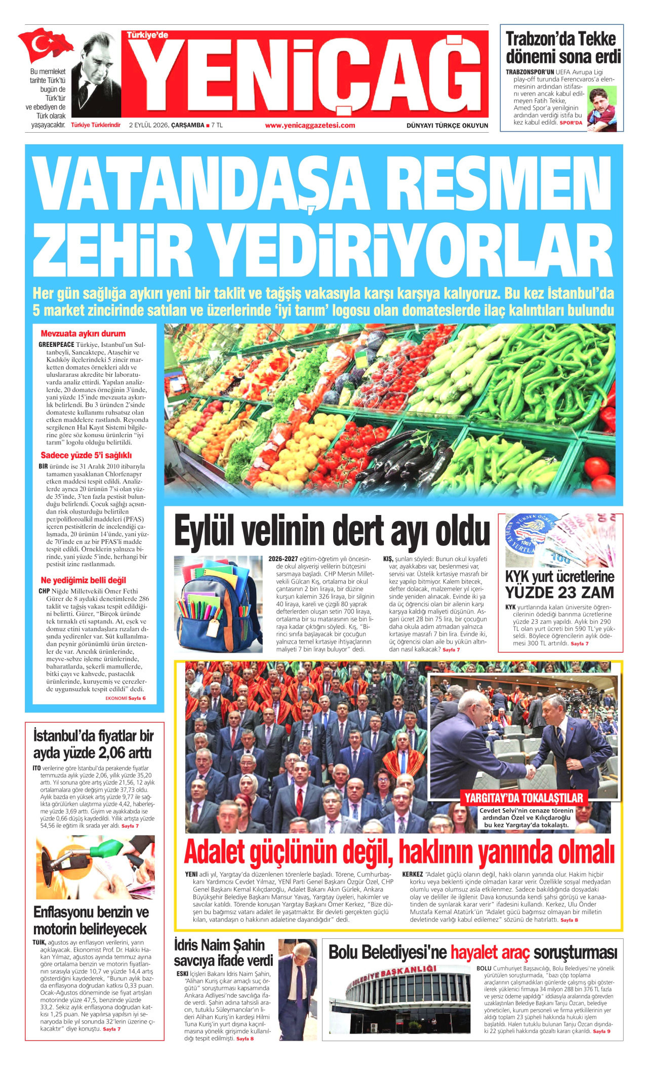 YENİÇAĞ gazetesinin 2 Eylül 2026 tarihli birinci sayfası