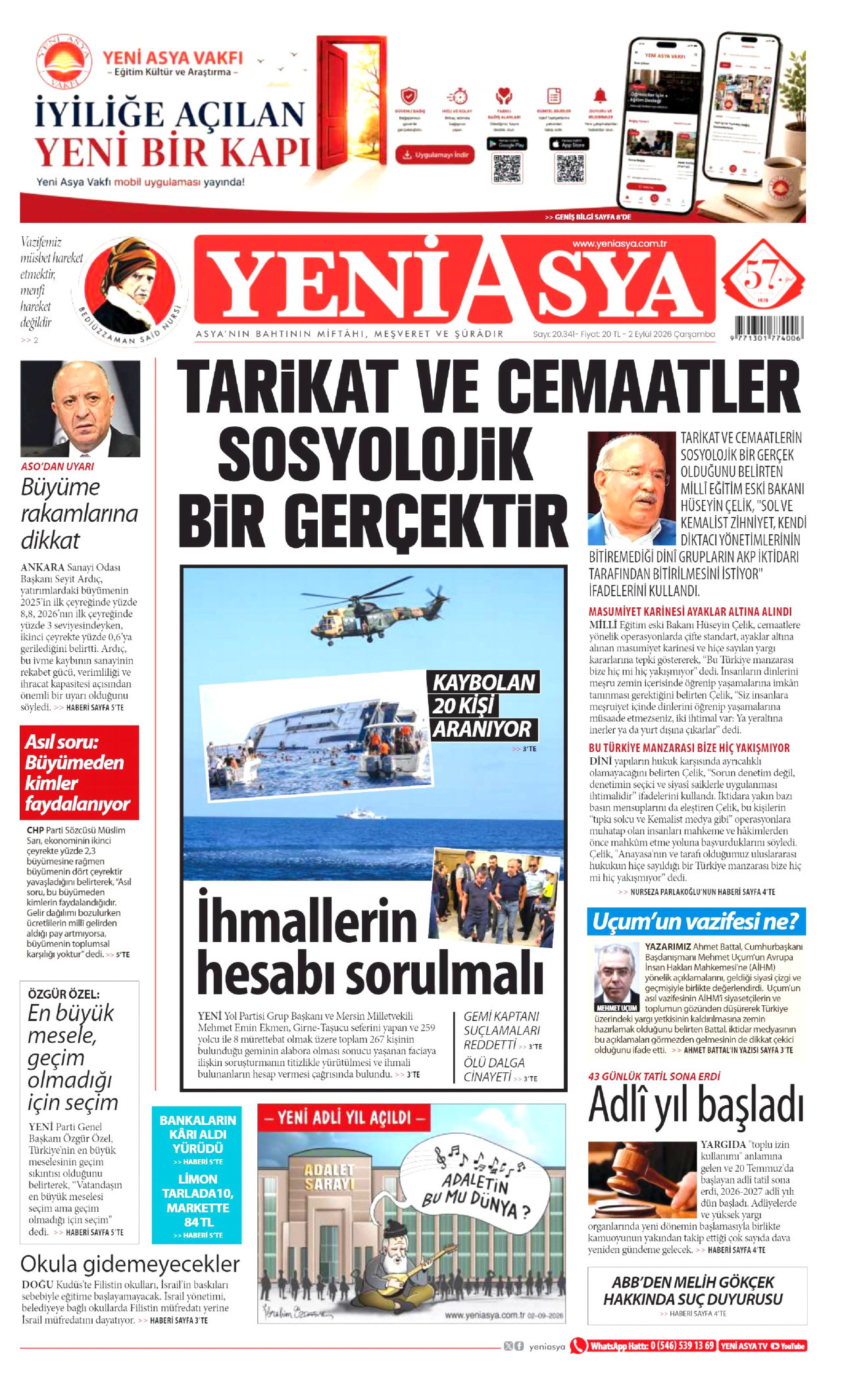 YENİ ASYA gazetesinin 2 Eylül 2026 tarihli birinci sayfası