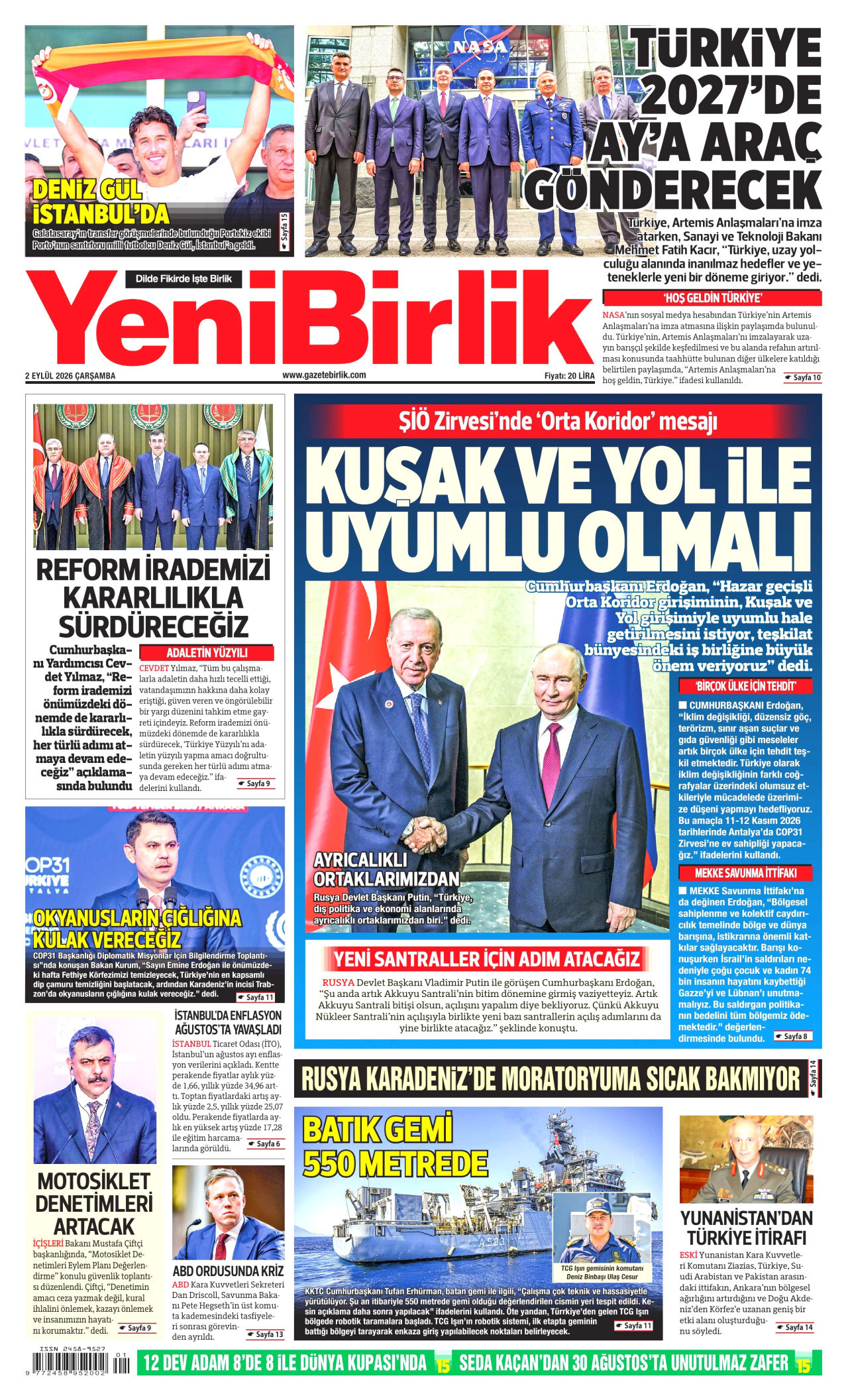 YENİBİRLİK gazetesinin 2 Eylül 2026 tarihli birinci sayfası