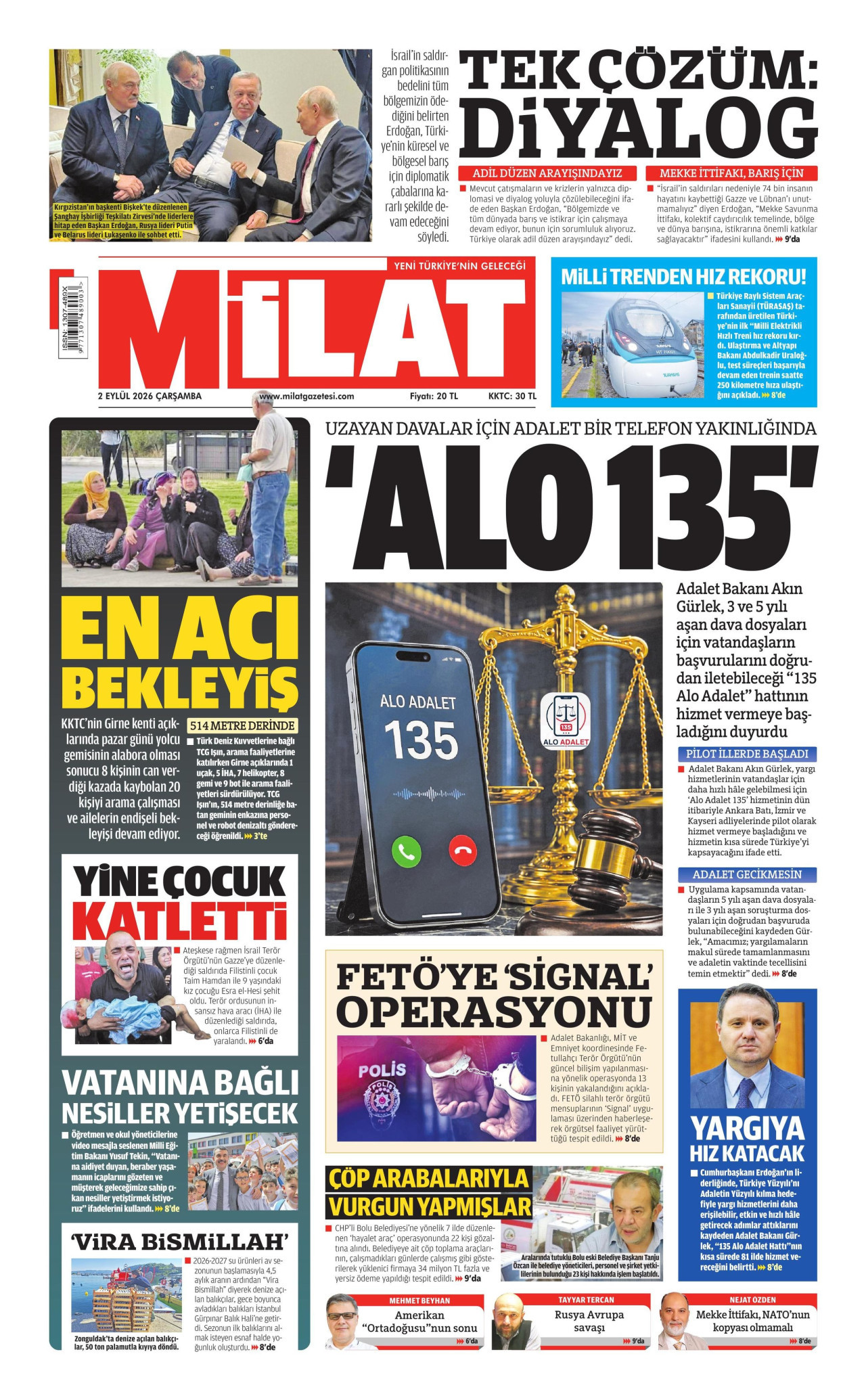 MİLAT gazetesinin 2 Eylül 2026 tarihli birinci sayfası