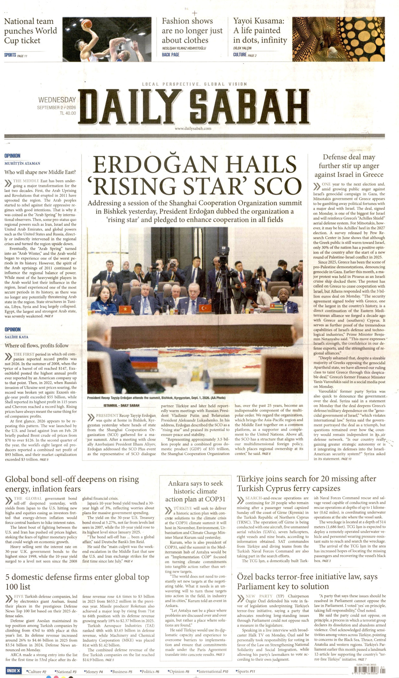 DAİLY SABAH gazetesinin 2 Eylül 2026 tarihli birinci sayfası