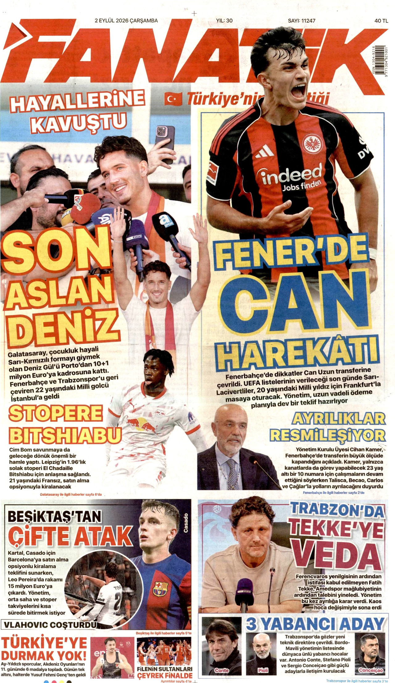 FANATİK gazetesinin 2 Eylül 2026 tarihli birinci sayfası