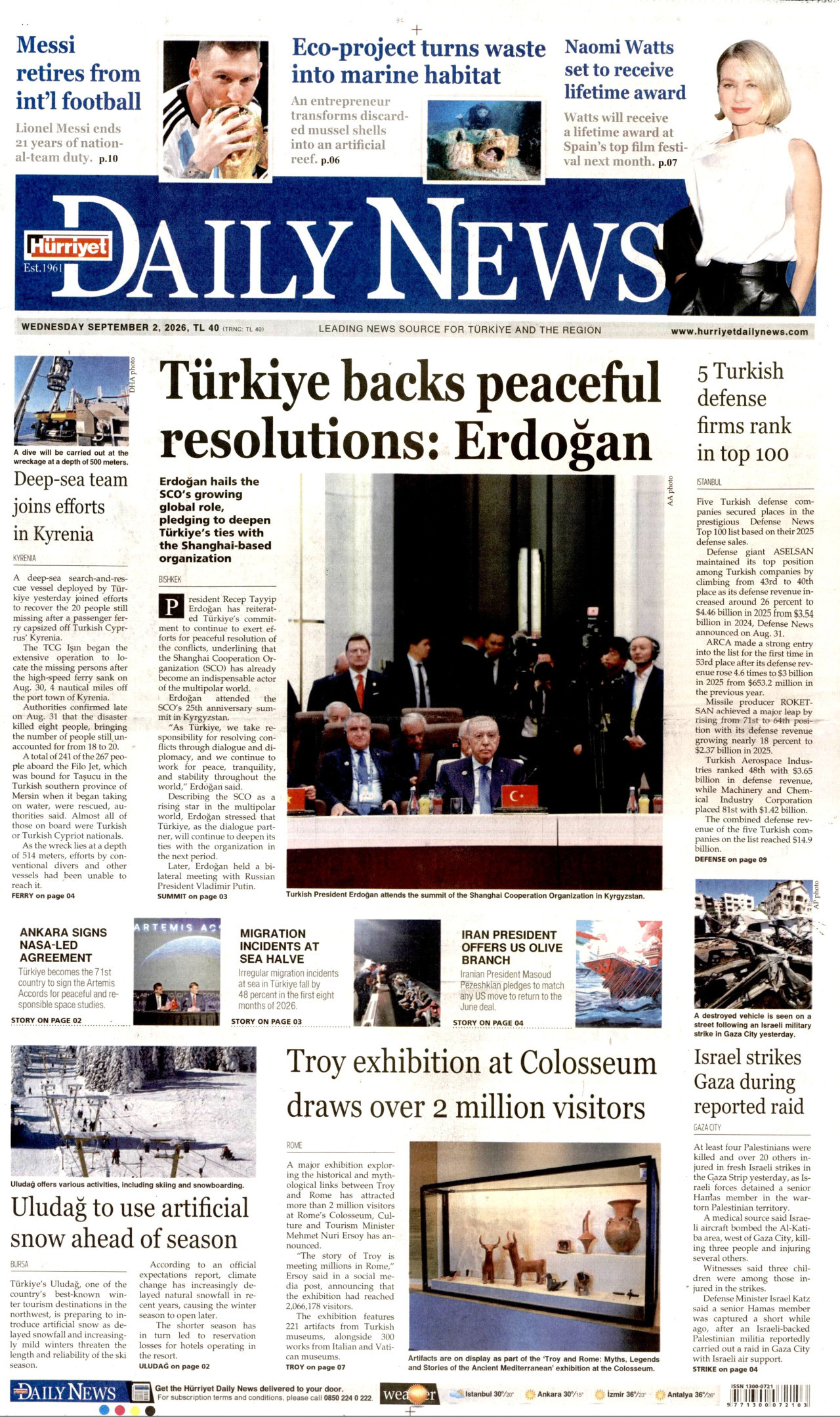 HÜRRİYET DAİLY NEWS gazetesinin 2 Eylül 2026 tarihli birinci sayfası
