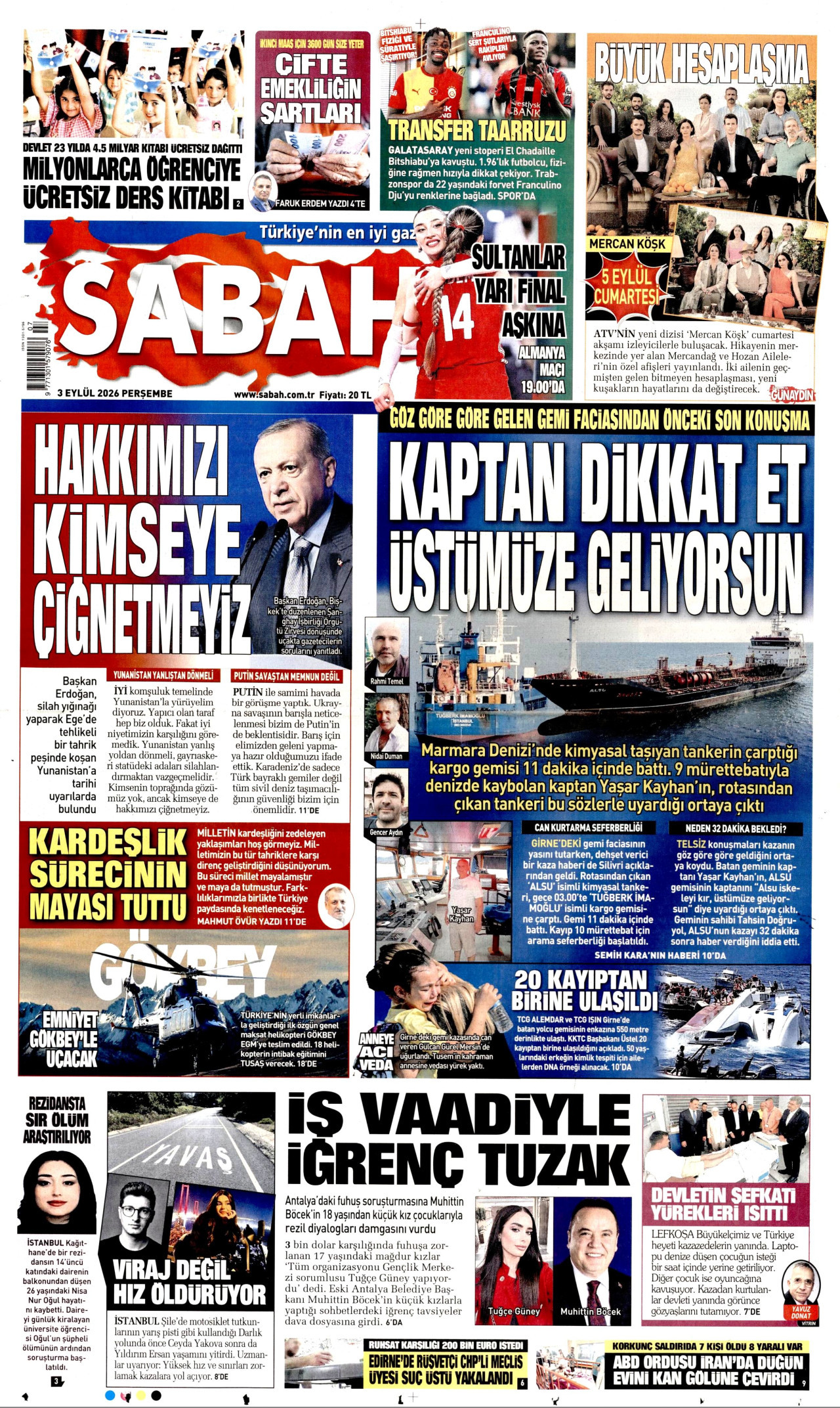 SABAH gazetesinin 3 Eylül 2026 tarihli birinci sayfası