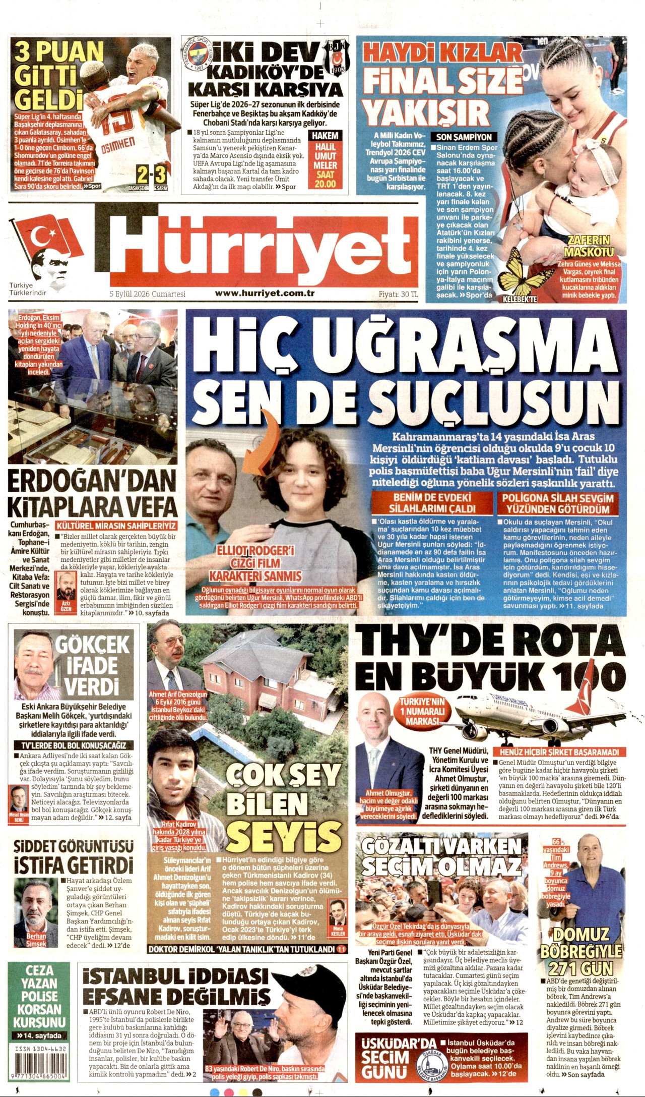 HÜRRİYET gazetesinin 5 Eylül 2026 tarihli birinci sayfası