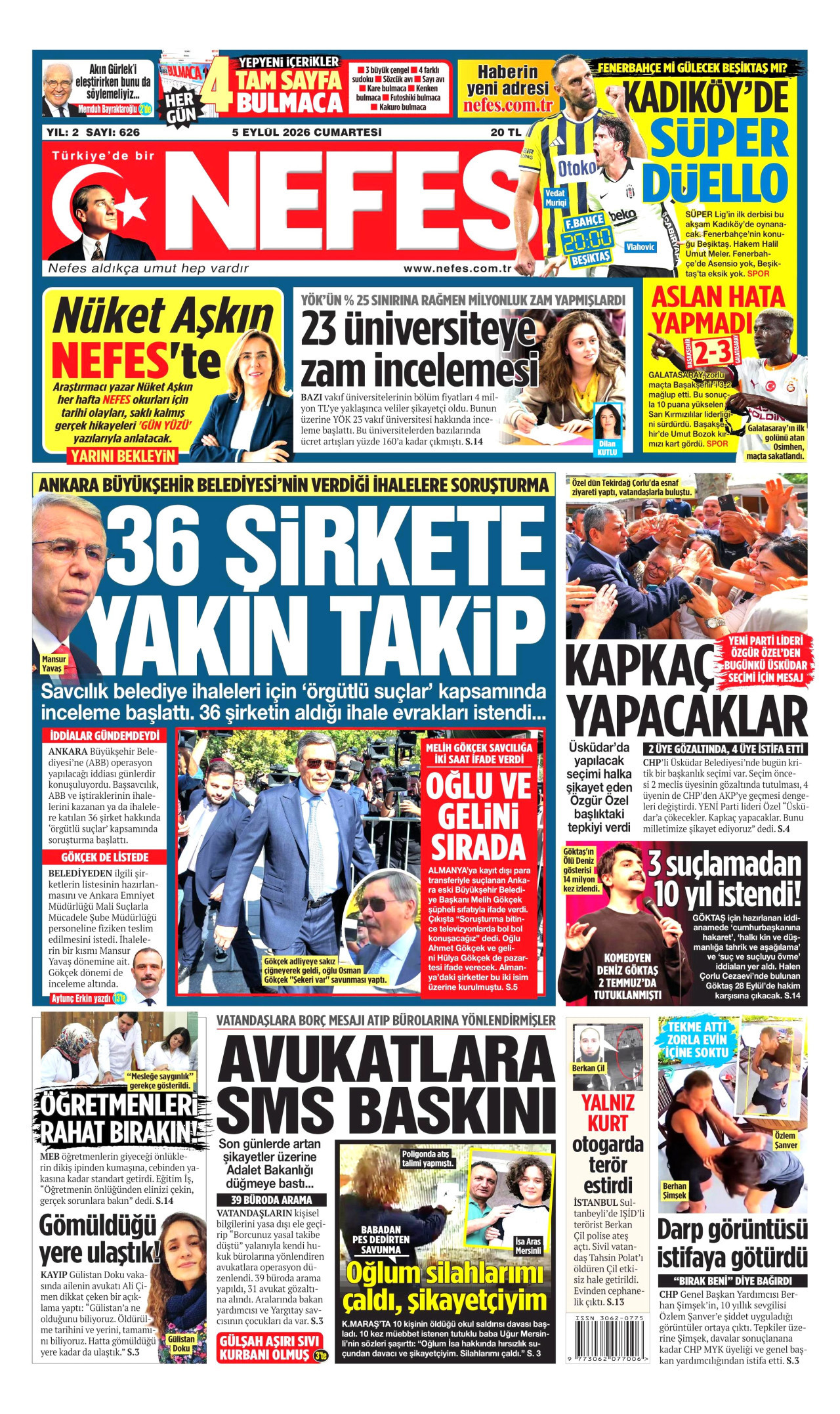 NEFES gazetesinin 5 Eylül 2026 tarihli birinci sayfası
