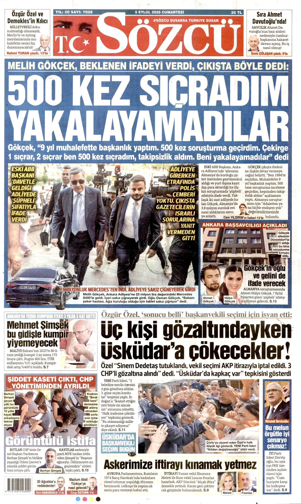 SÖZCÜ gazetesinin 5 Eylül 2026 tarihli birinci sayfası