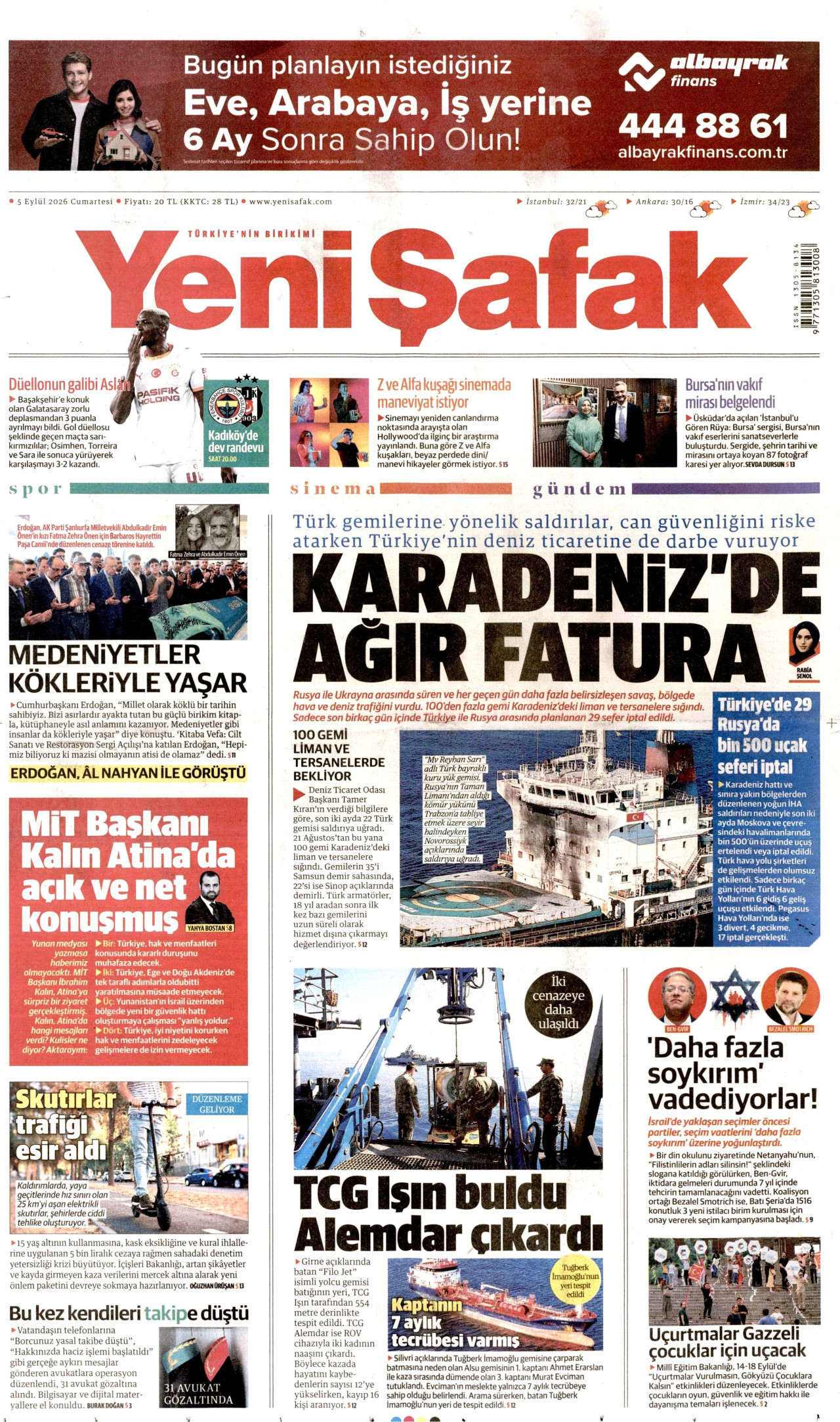 YENİ ŞAFAK gazetesinin 5 Eylül 2026 tarihli birinci sayfası
