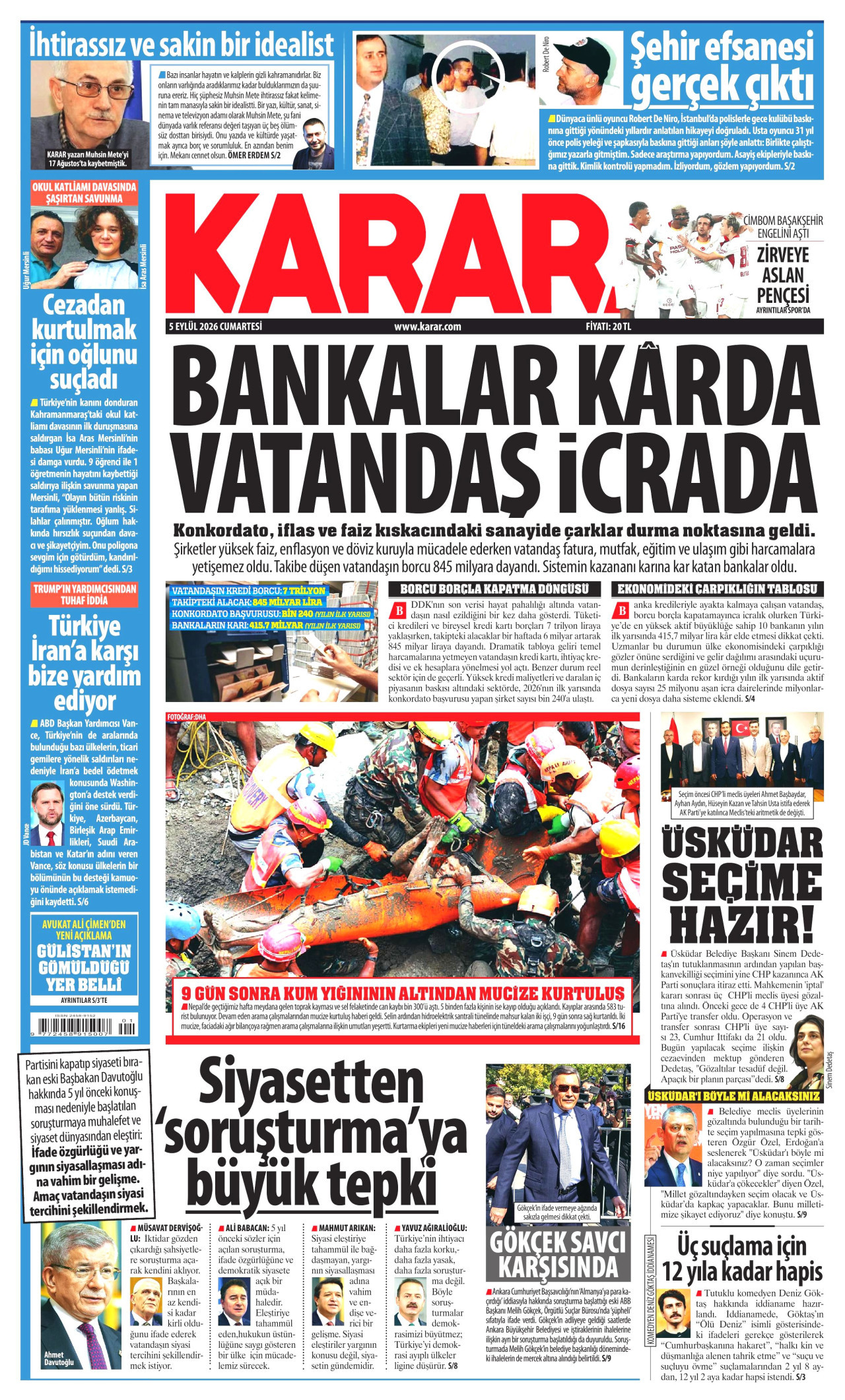 KARAR gazetesinin 5 Eylül 2026 tarihli birinci sayfası