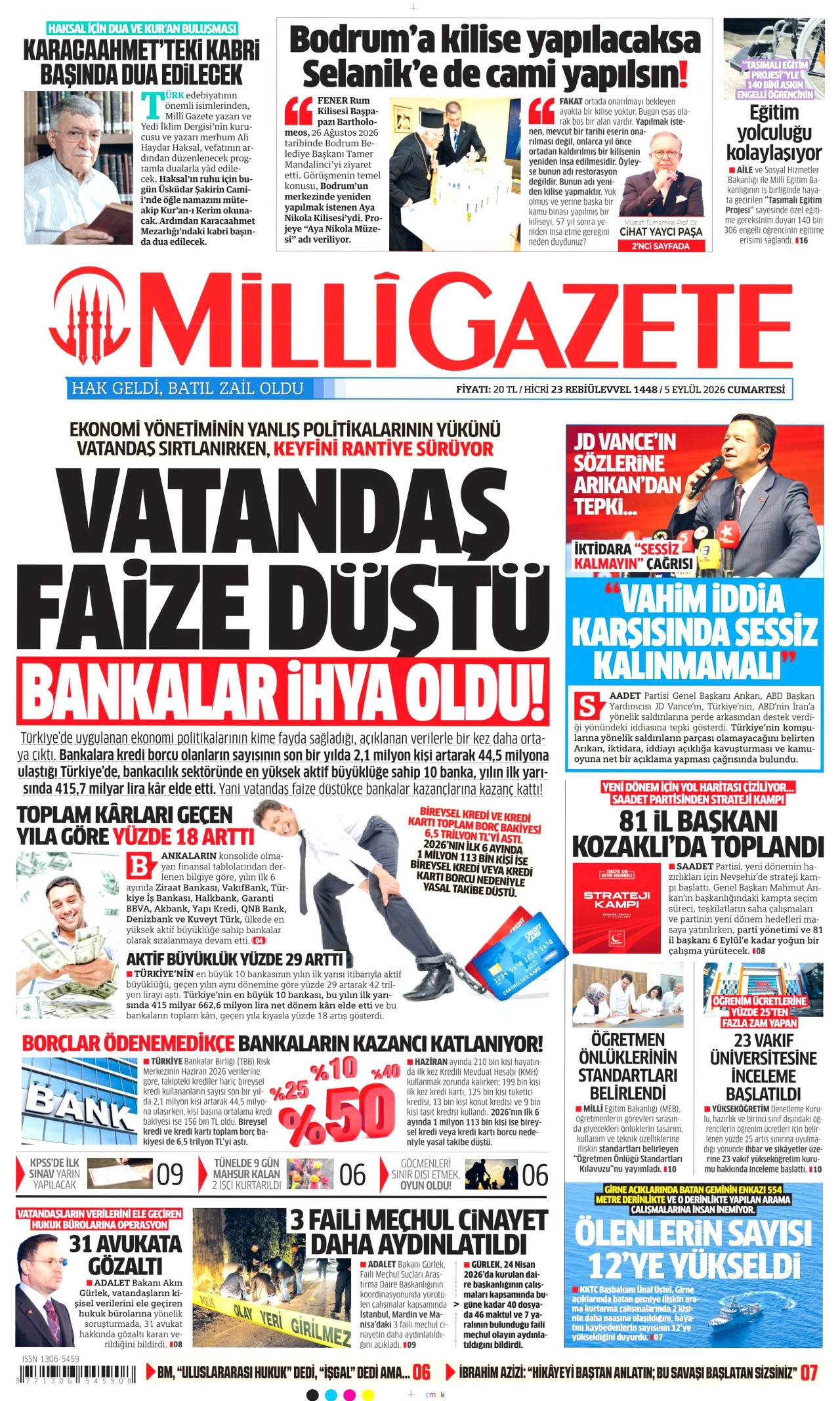 MİLLİ GAZETE gazetesinin 5 Eylül 2026 tarihli birinci sayfası
