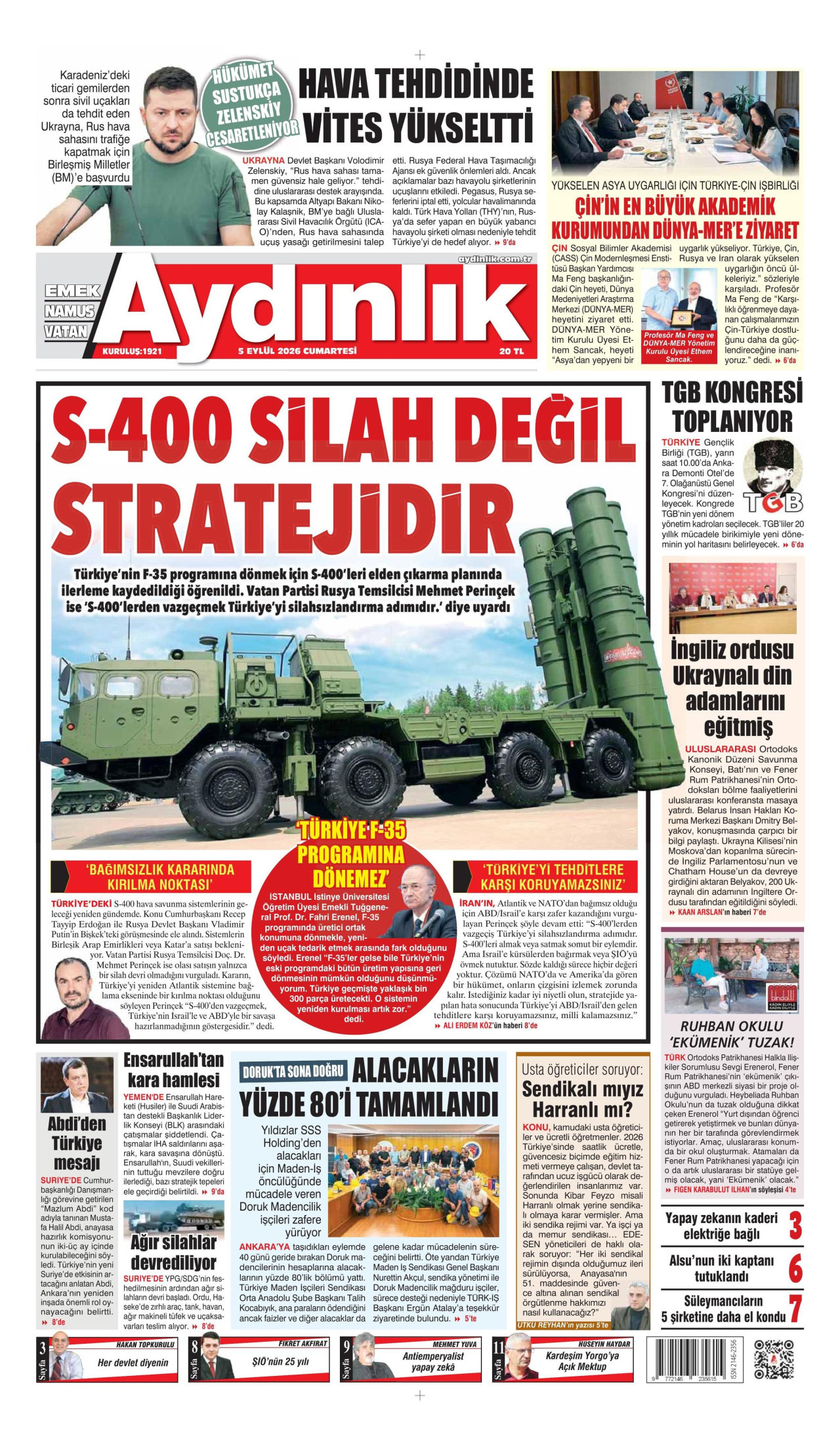 AYDINLIK GAZETESİ gazetesinin 5 Eylül 2026 tarihli birinci sayfası