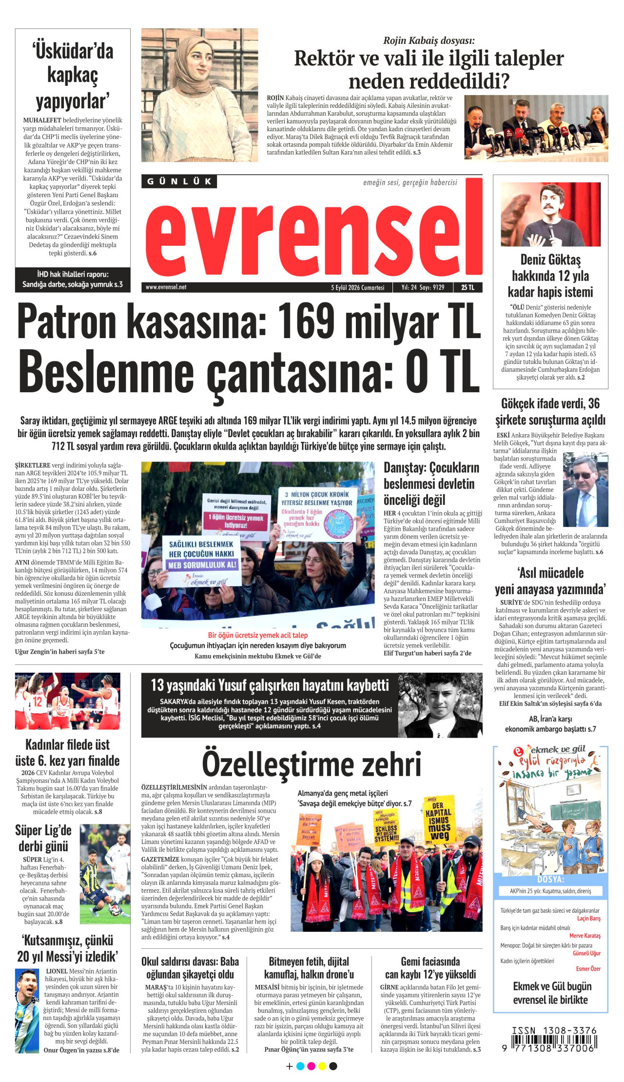 EVRENSEL gazetesinin 5 Eylül 2026 tarihli birinci sayfası