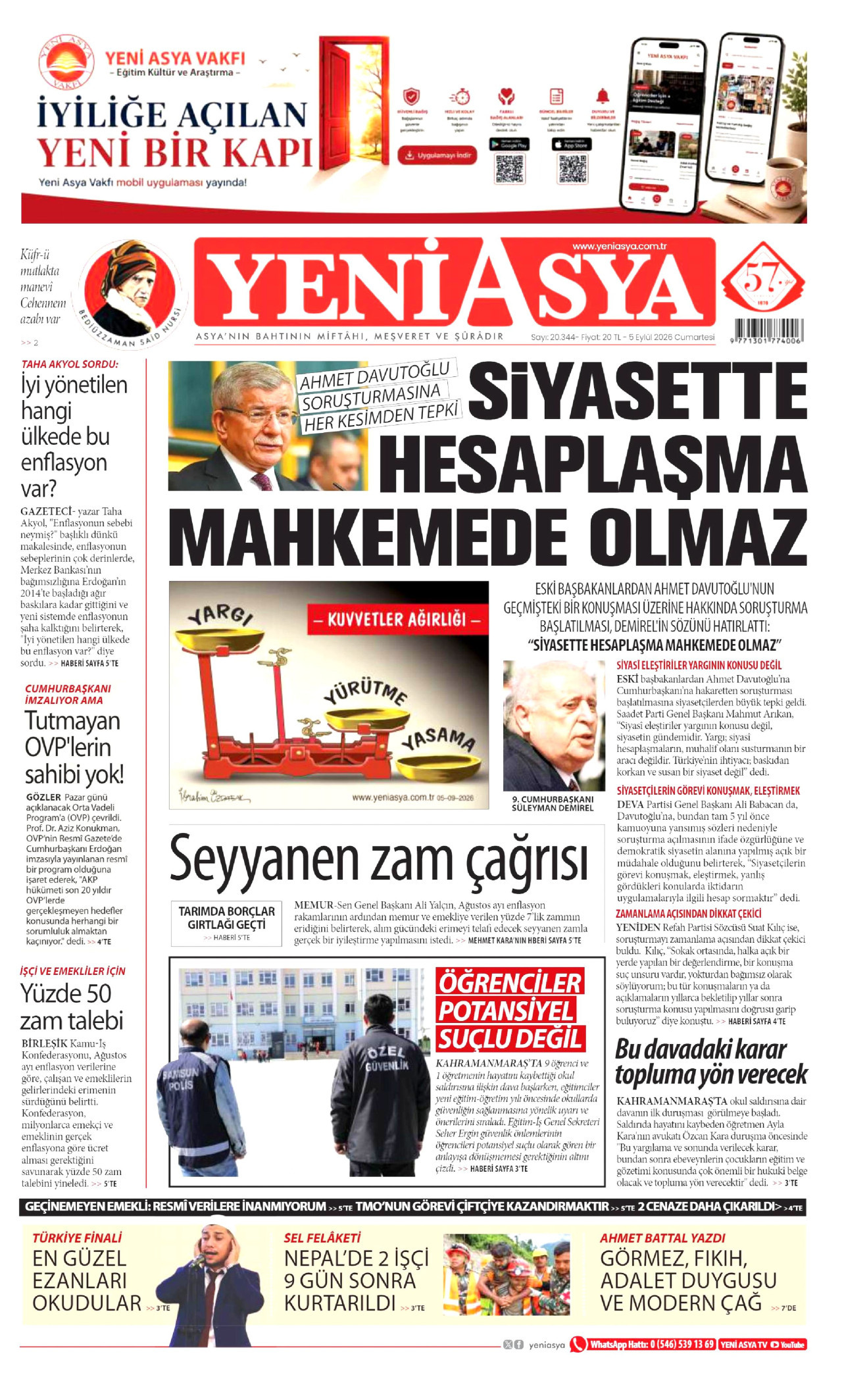 YENİ ASYA gazetesinin 5 Eylül 2026 tarihli birinci sayfası