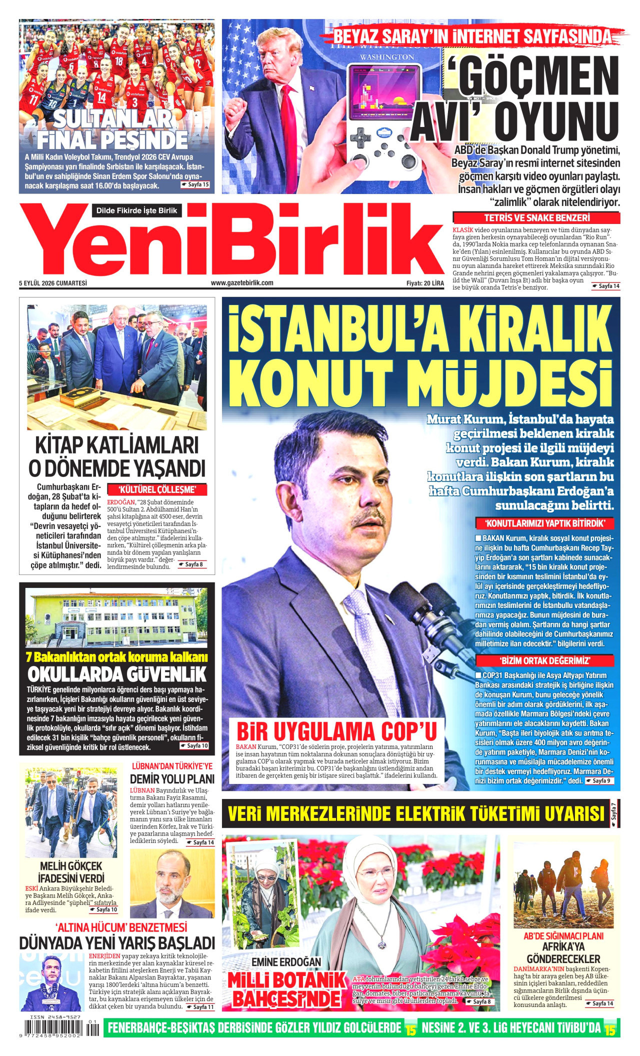 YENİBİRLİK gazetesinin 5 Eylül 2026 tarihli birinci sayfası