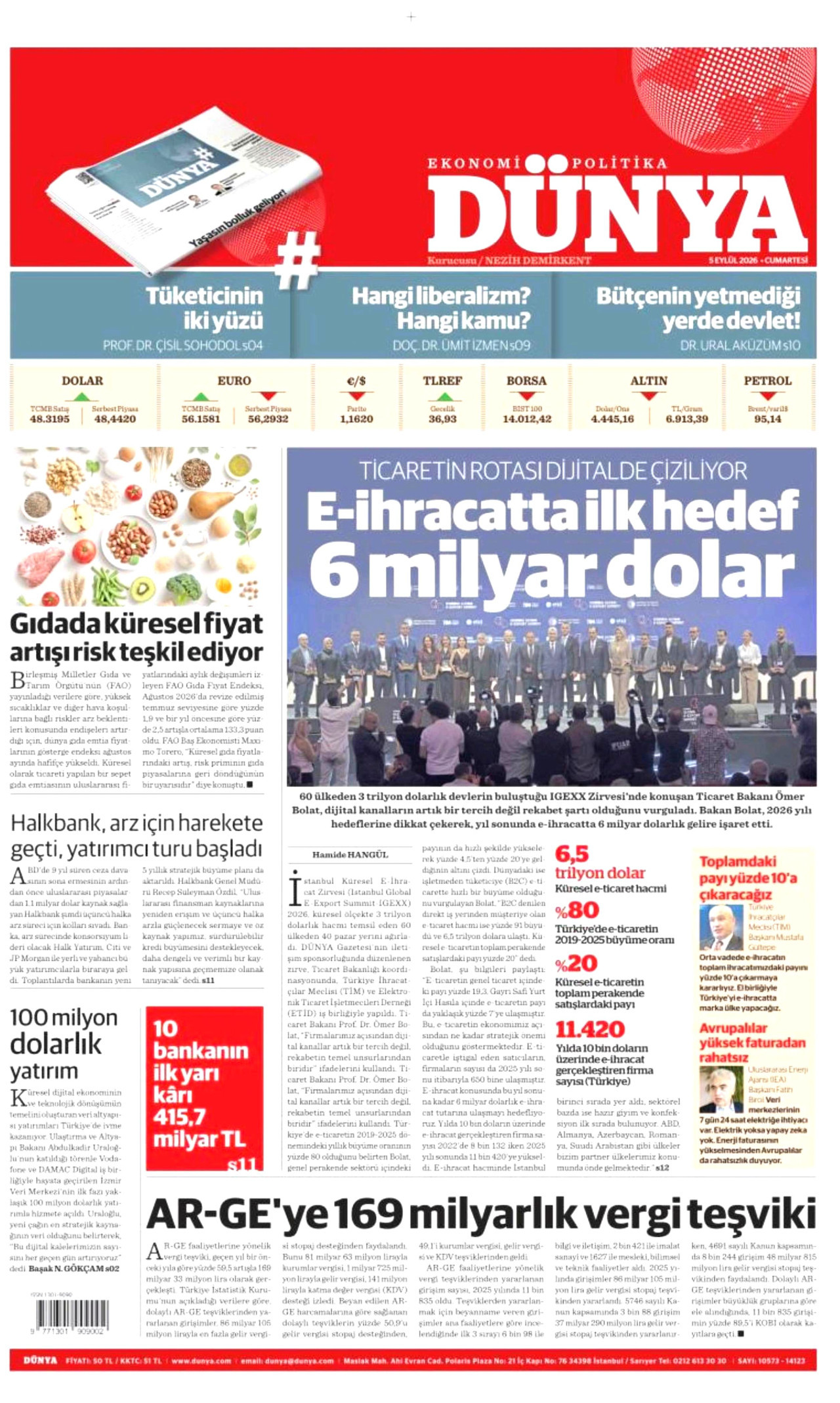 DÜNYA gazetesinin 5 Eylül 2026 tarihli birinci sayfası