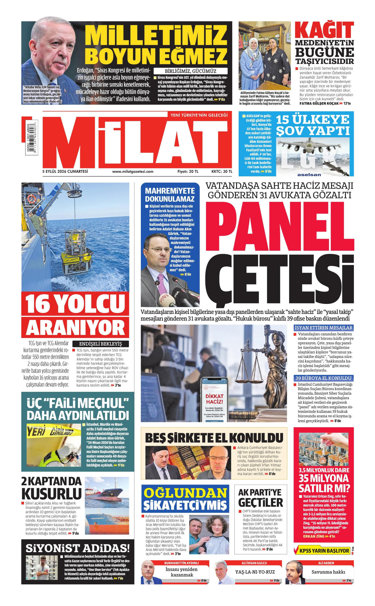 MİLAT gazetesinin 5 Eylül 2026 tarihli birinci sayfası